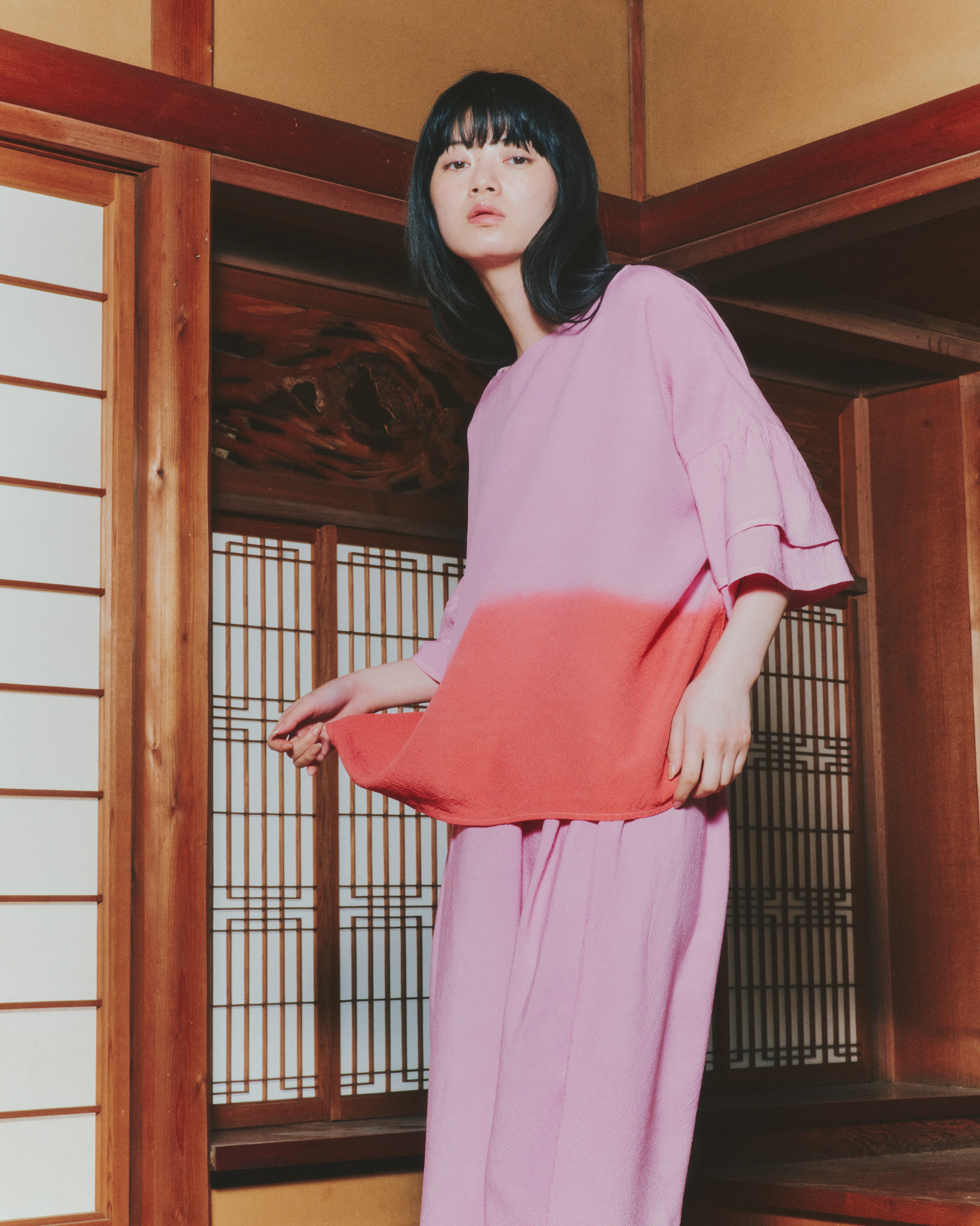 【WORKSHOP】 牡丹 Gradient-dyed gathered sleeve top