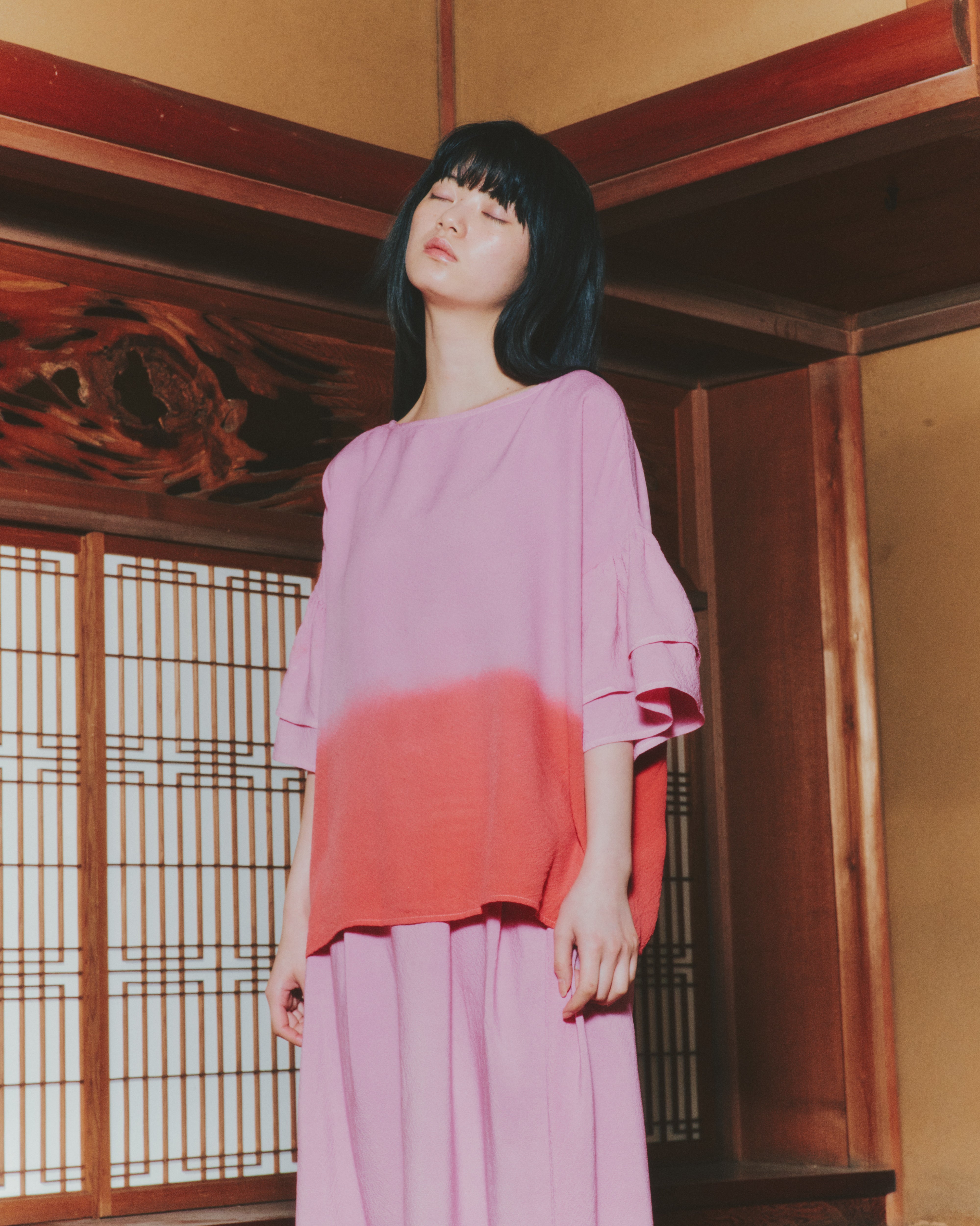 【WORKSHOP】 牡丹 Gradient-dyed gathered sleeve top