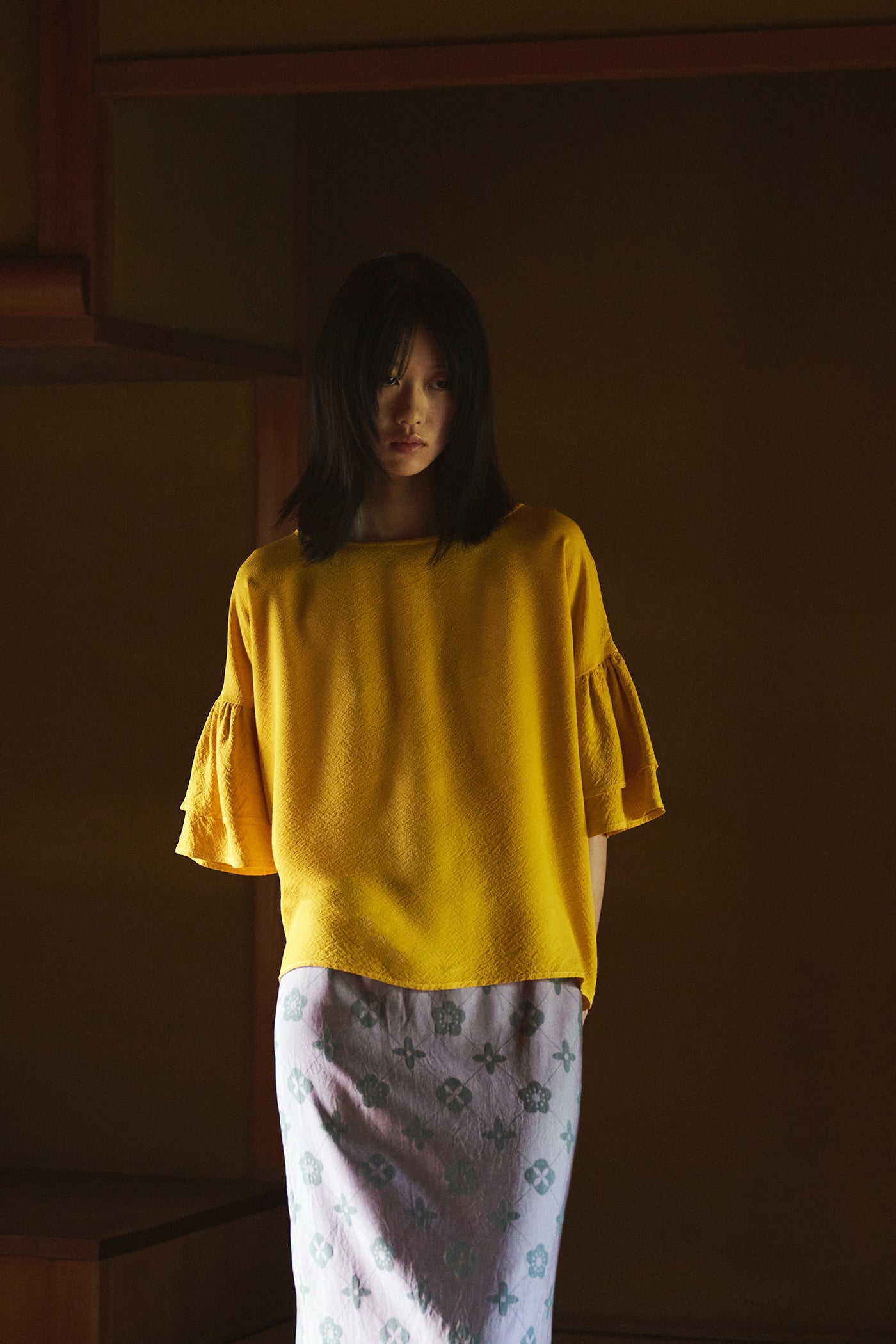 Marigold-Dyed Silk Frill-Sleeve Top