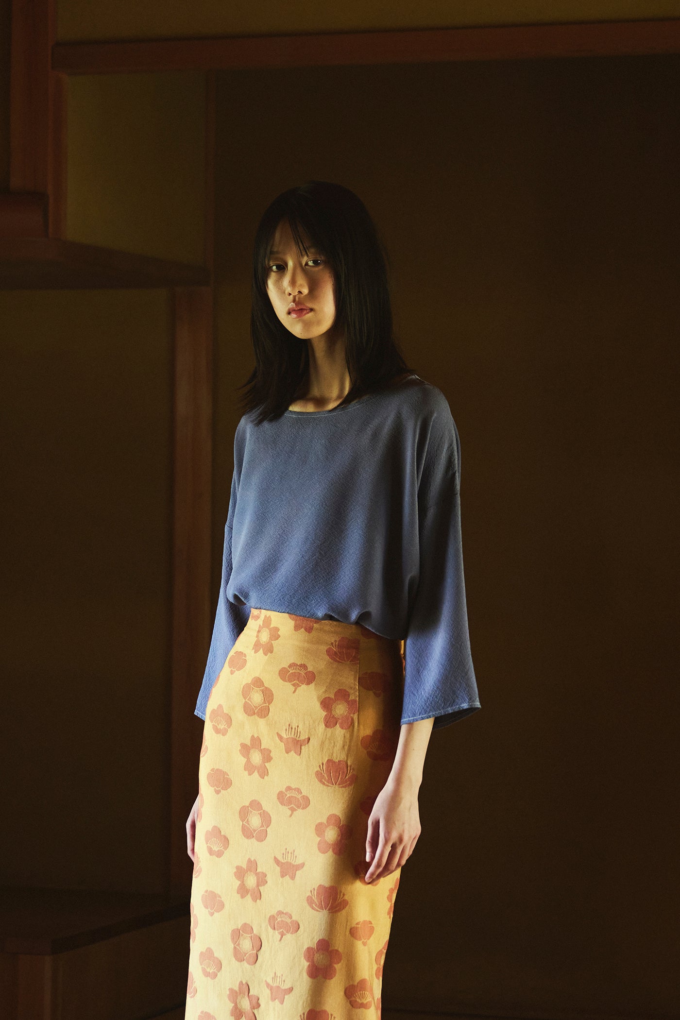 Logwood-Dyed Silk Three-Quarter Sleeve Top