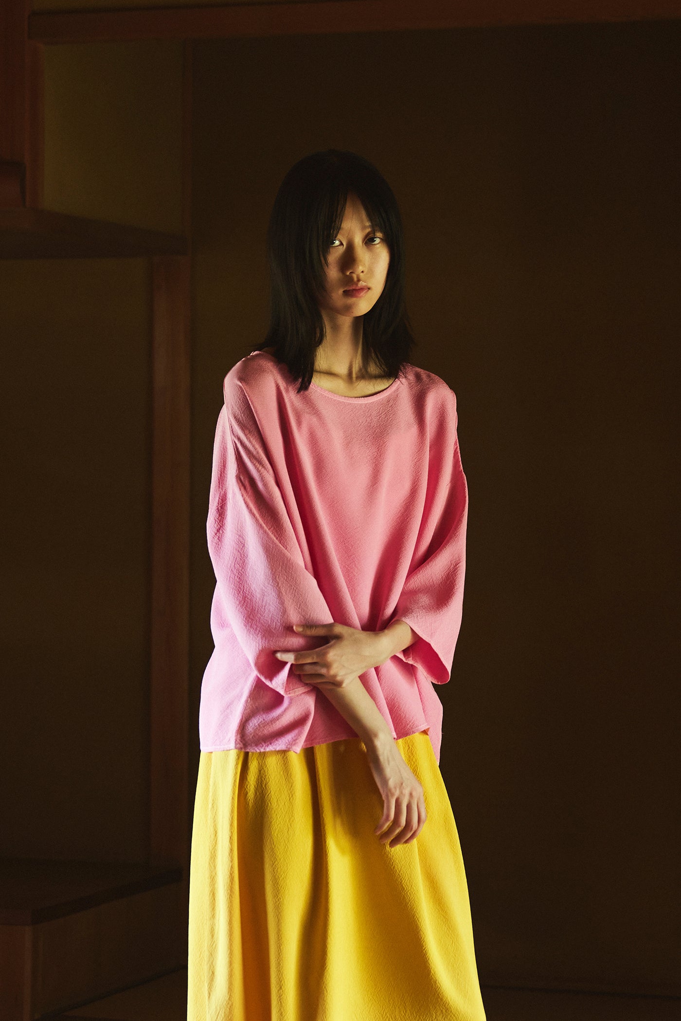 Cochineal-Dyed Silk Three-Quarter Sleeve Top