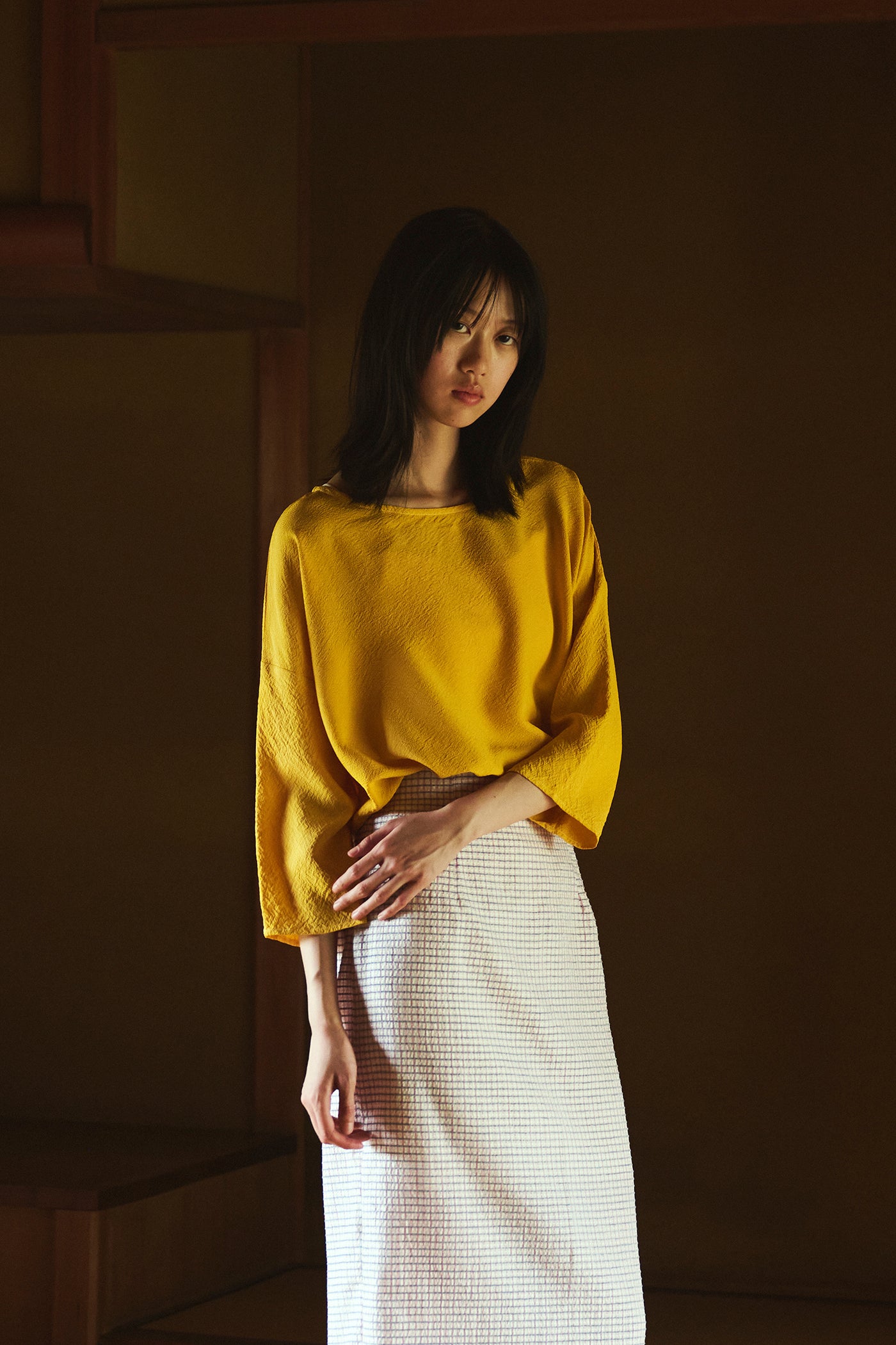 Marigold-Dyed Silk Three-Quarter Sleeve Top