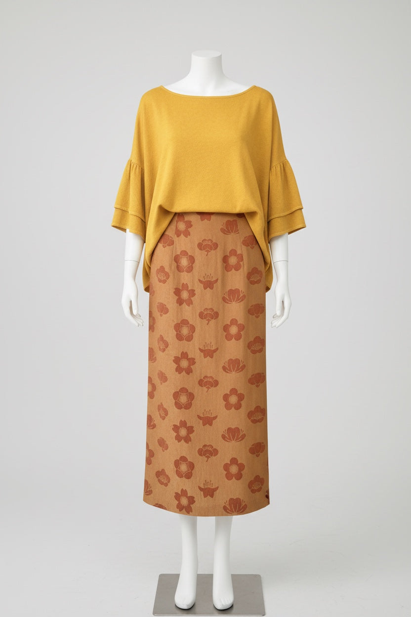 Marigold-Dyed Silk Jacquard Pattern Skirt YELLOW