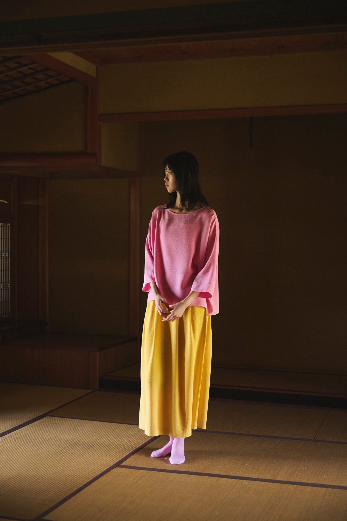 Cochineal-Dyed Silk Three-Quarter Sleeve Top