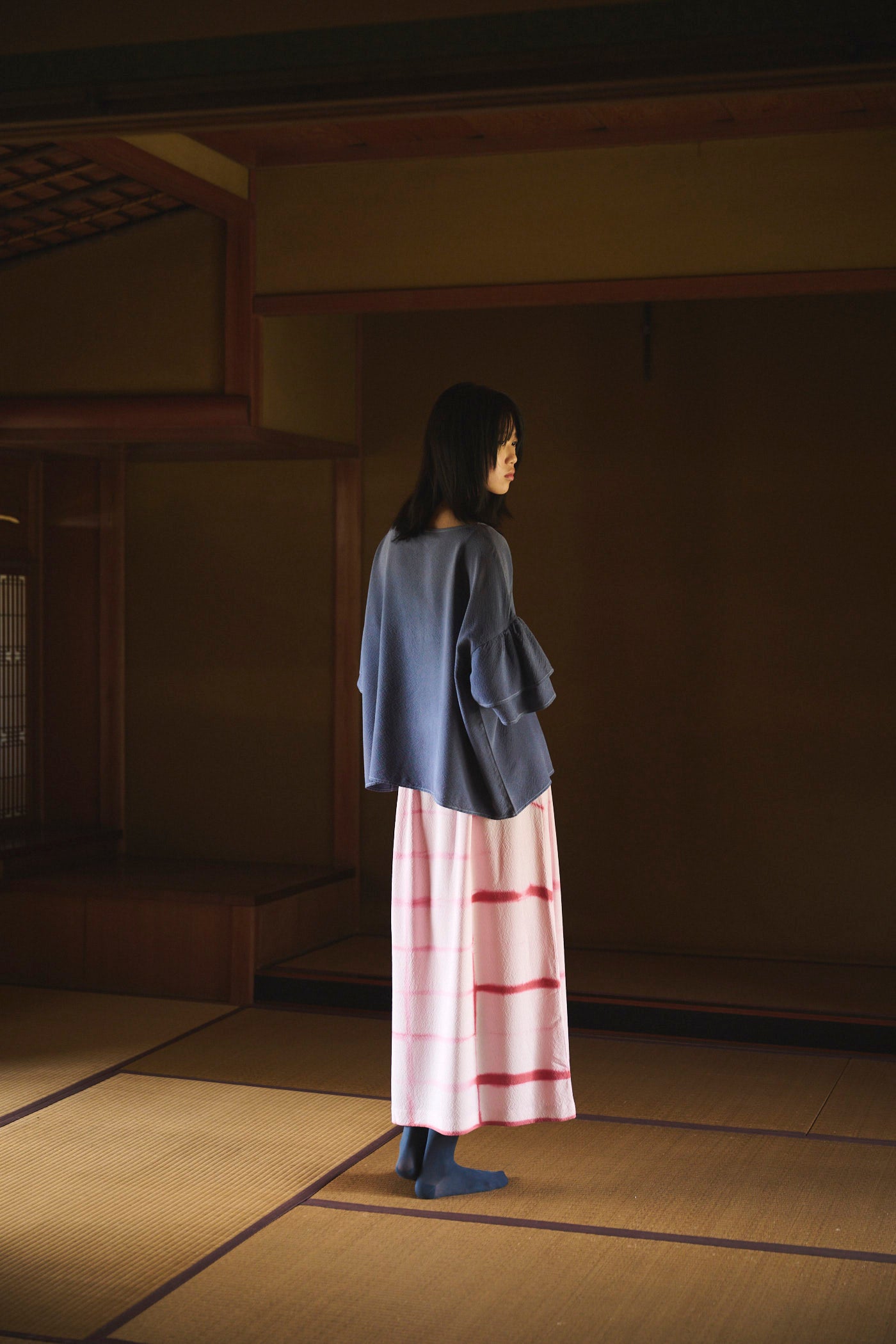 Logwood-Dyed Silk Frill-Sleeve Top