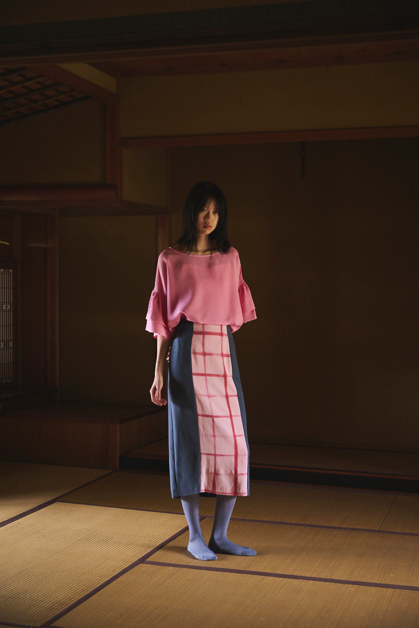 Cochineal-Dyed Silk Frill-Sleeve Top