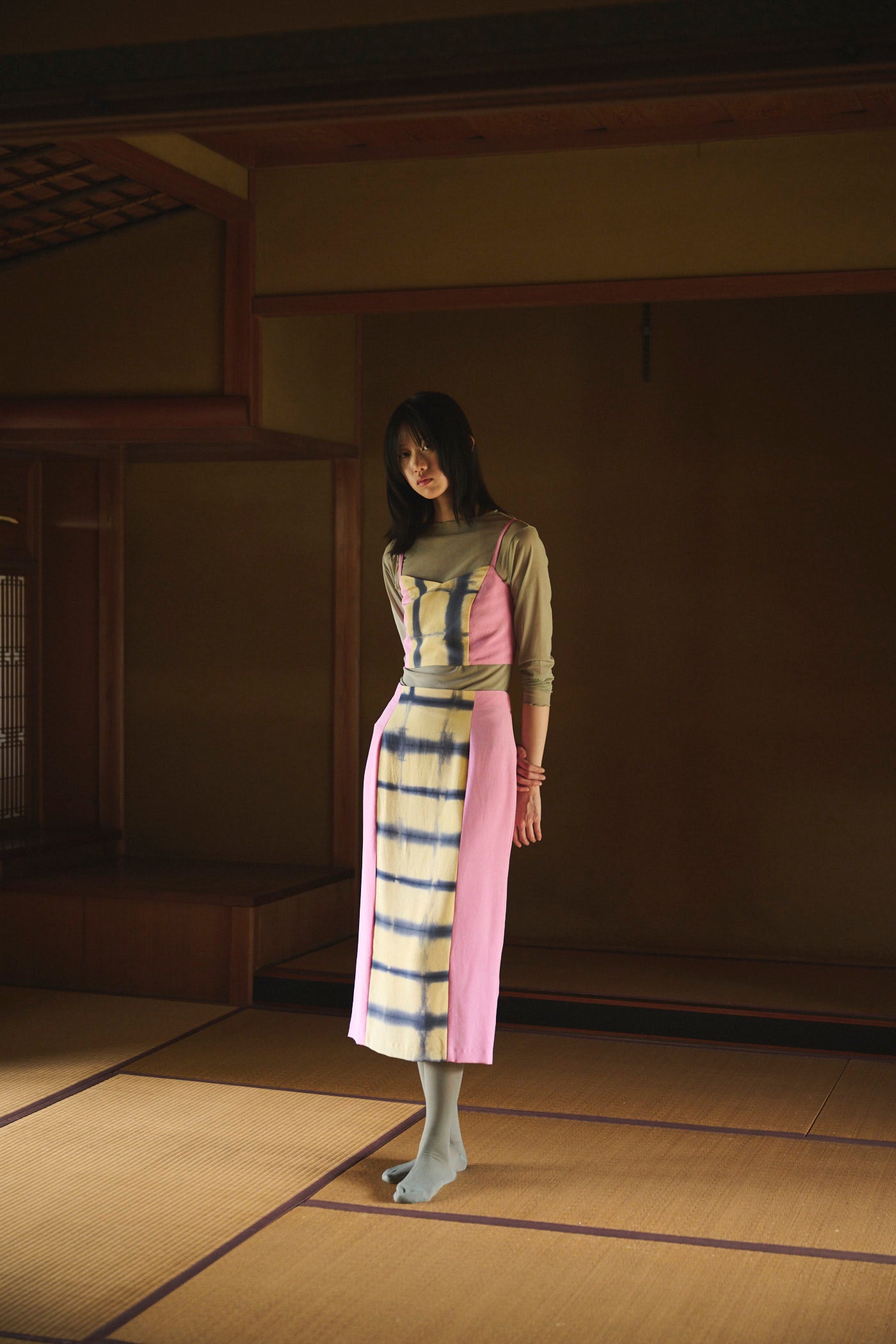 Natural-Dyed "Itajime Shibori" Silk Skirt YELLOW
