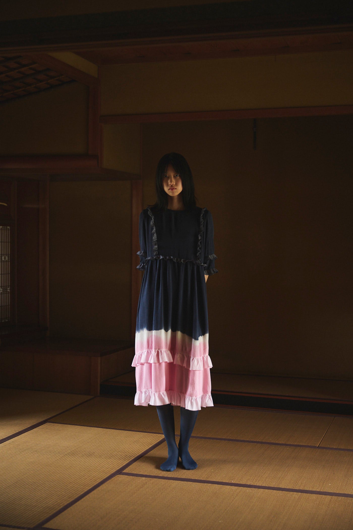 Gradient Natural-Dyed Silk Frill Dress NAVY