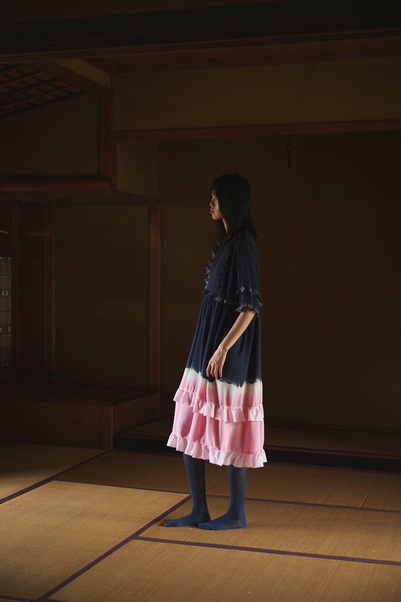 Gradient Natural-Dyed Silk Frill Dress NAVY