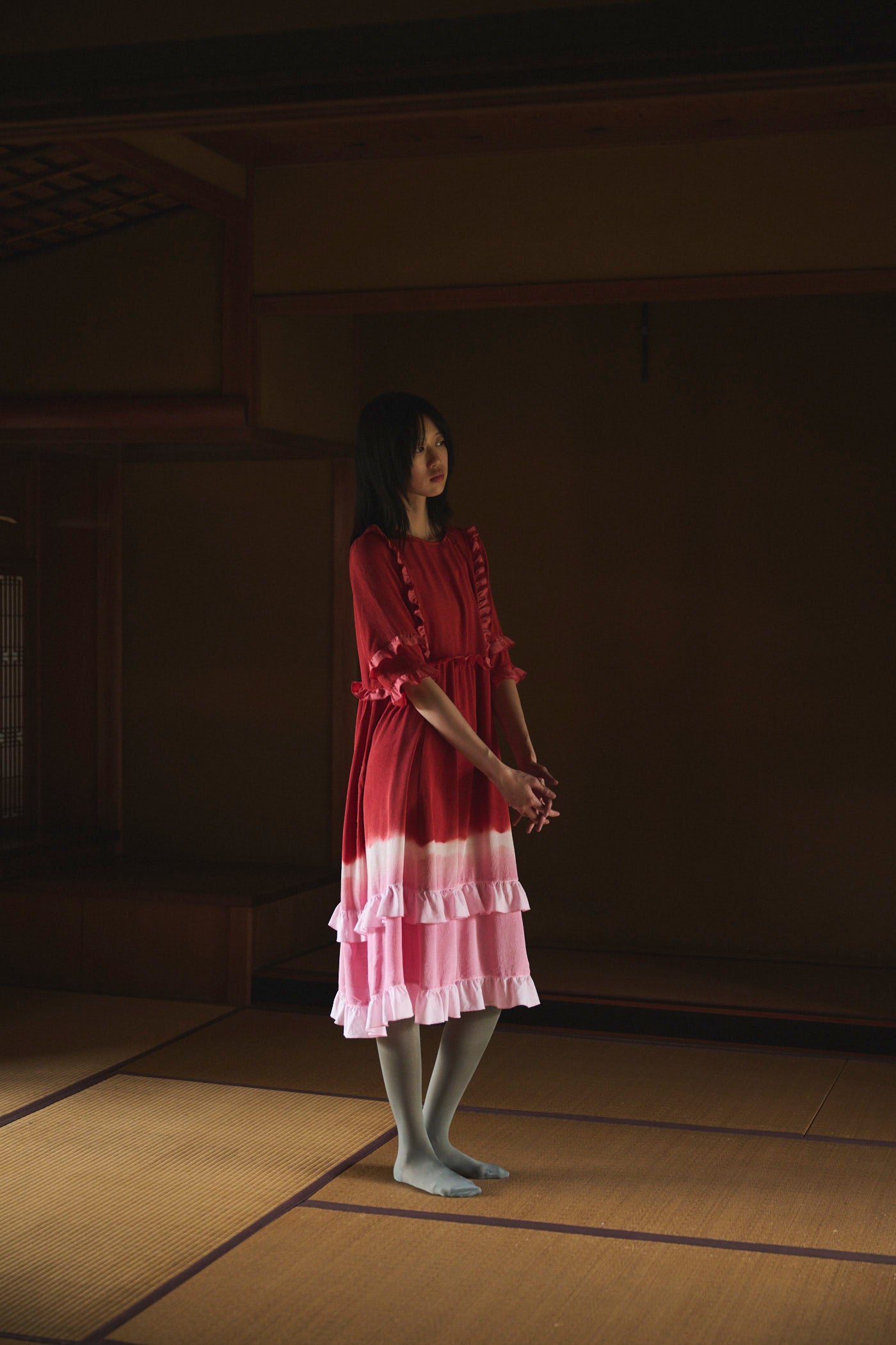 Gradient Botanical-Dyed Silk Frill Dress RED