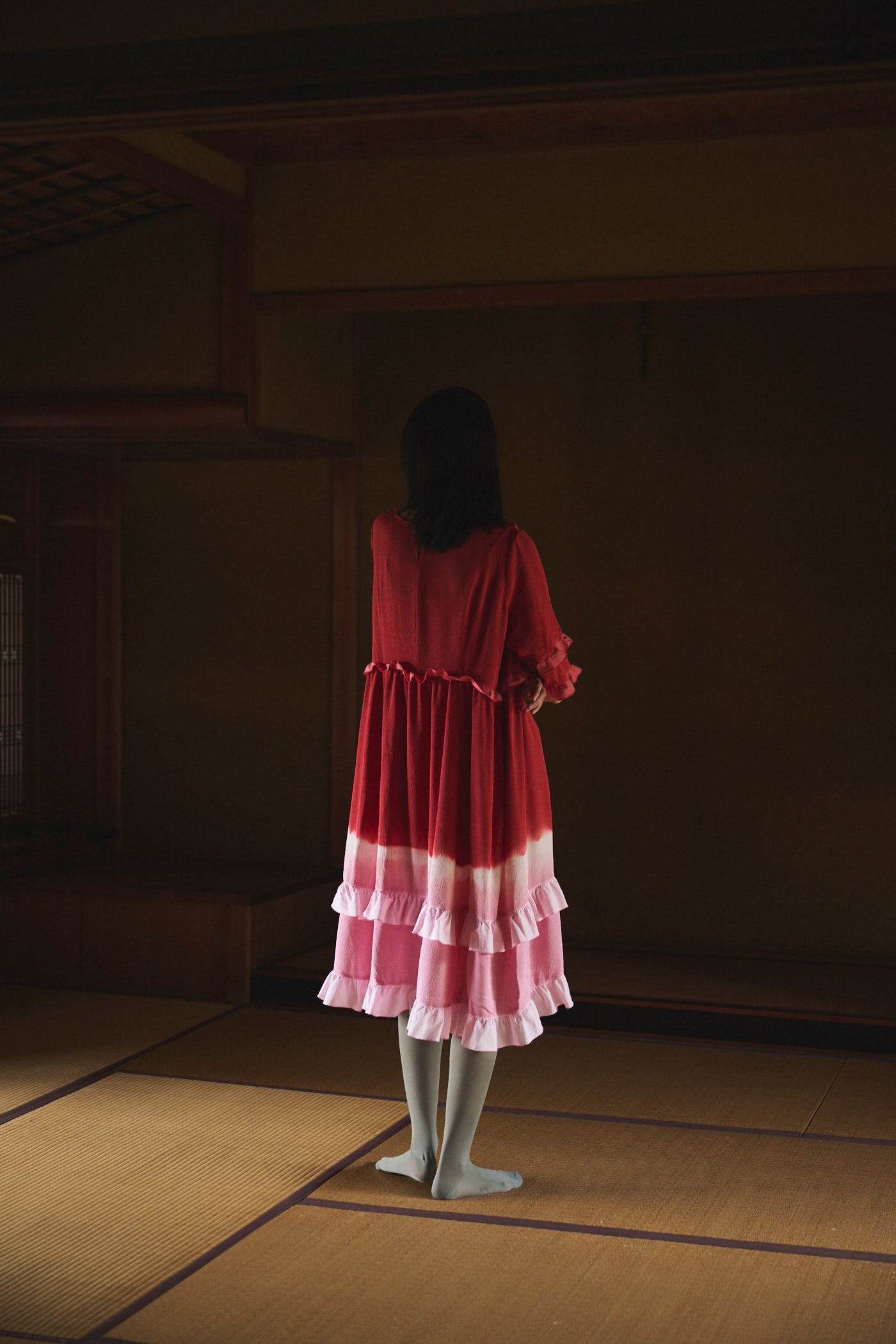 Gradient Botanical-Dyed Silk Frill Dress RED