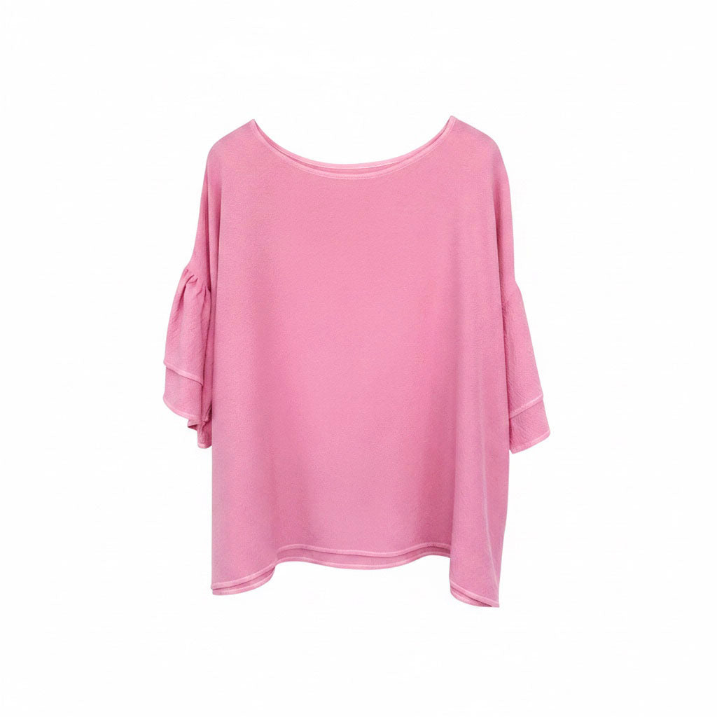 Cochineal-Dyed Silk Frill-Sleeve Top