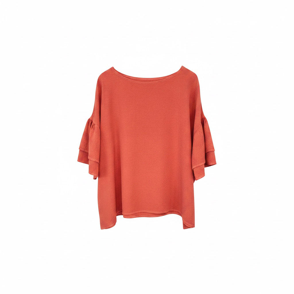 Madder-Dyed Silk Frill-Sleeve Top