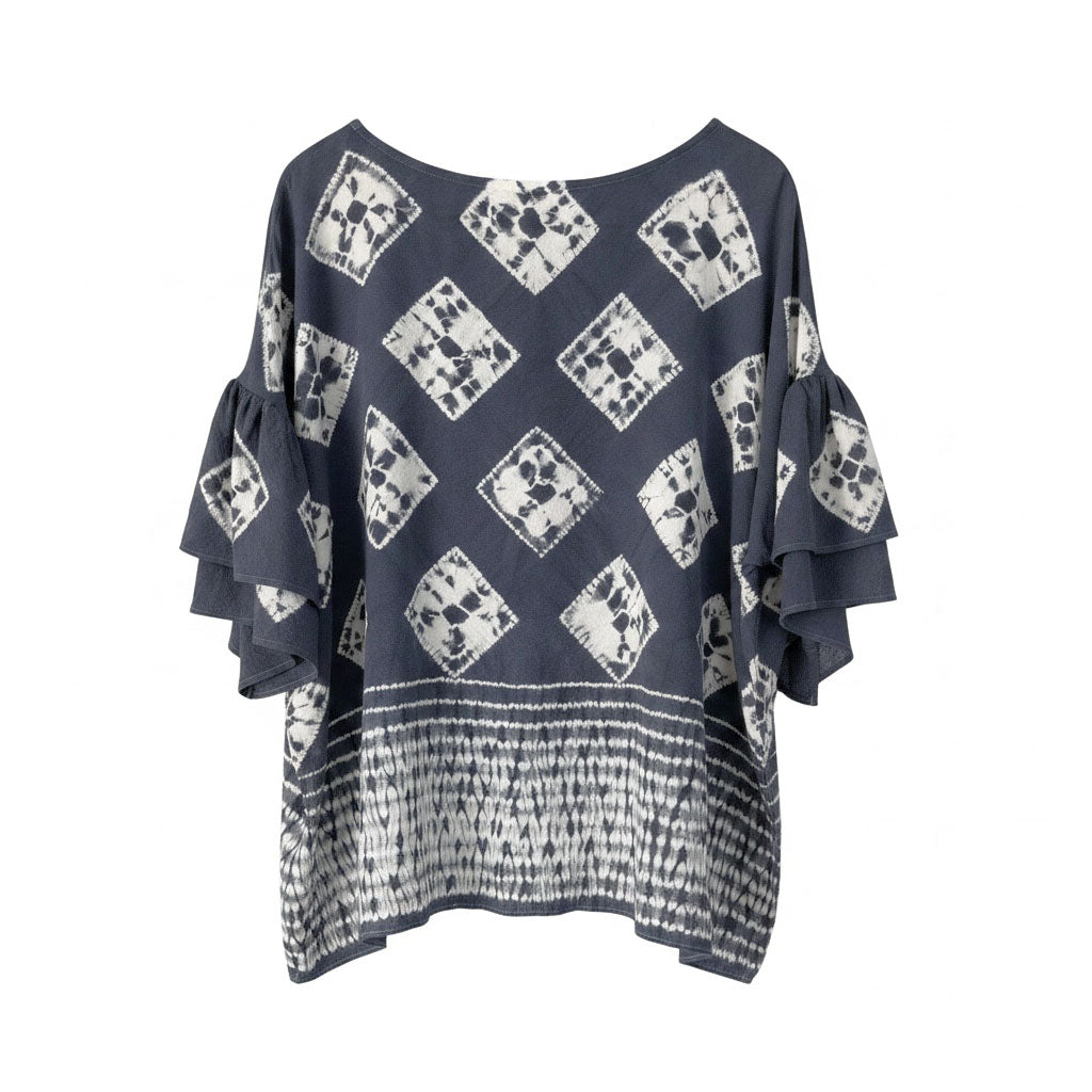 NUI SHIBORI Logwood-Dyed Silk Frill-Sleeve Top