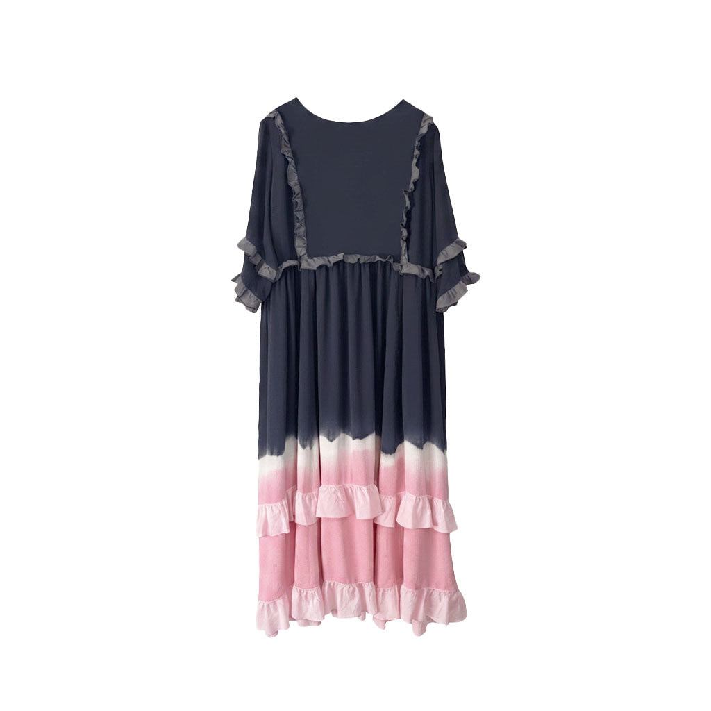 Gradient Natural-Dyed Silk Frill Dress NAVY