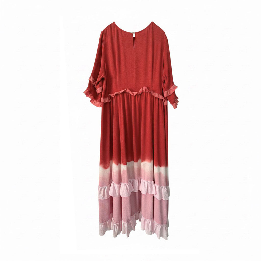 Gradient Botanical-Dyed Silk Frill Dress RED