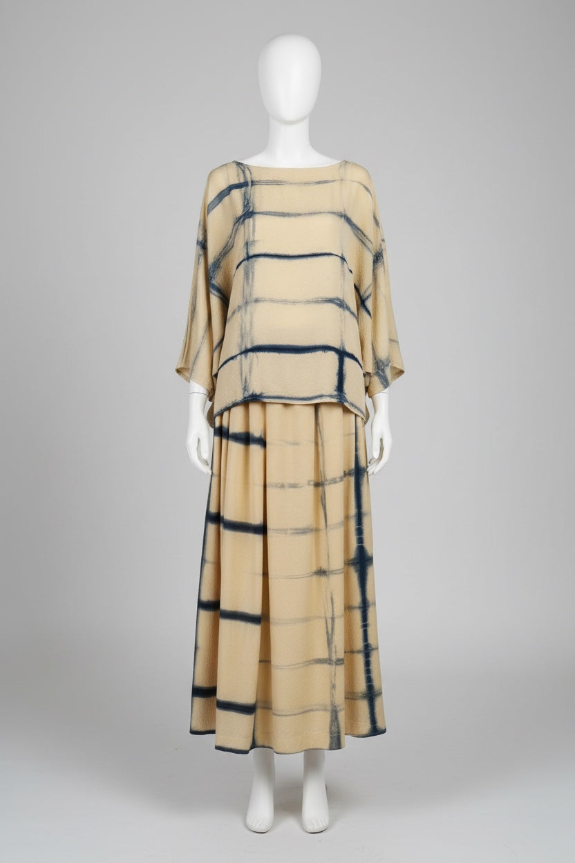 Natural-Dyed Itajime Shibori Silk Long Skirt YELLOW