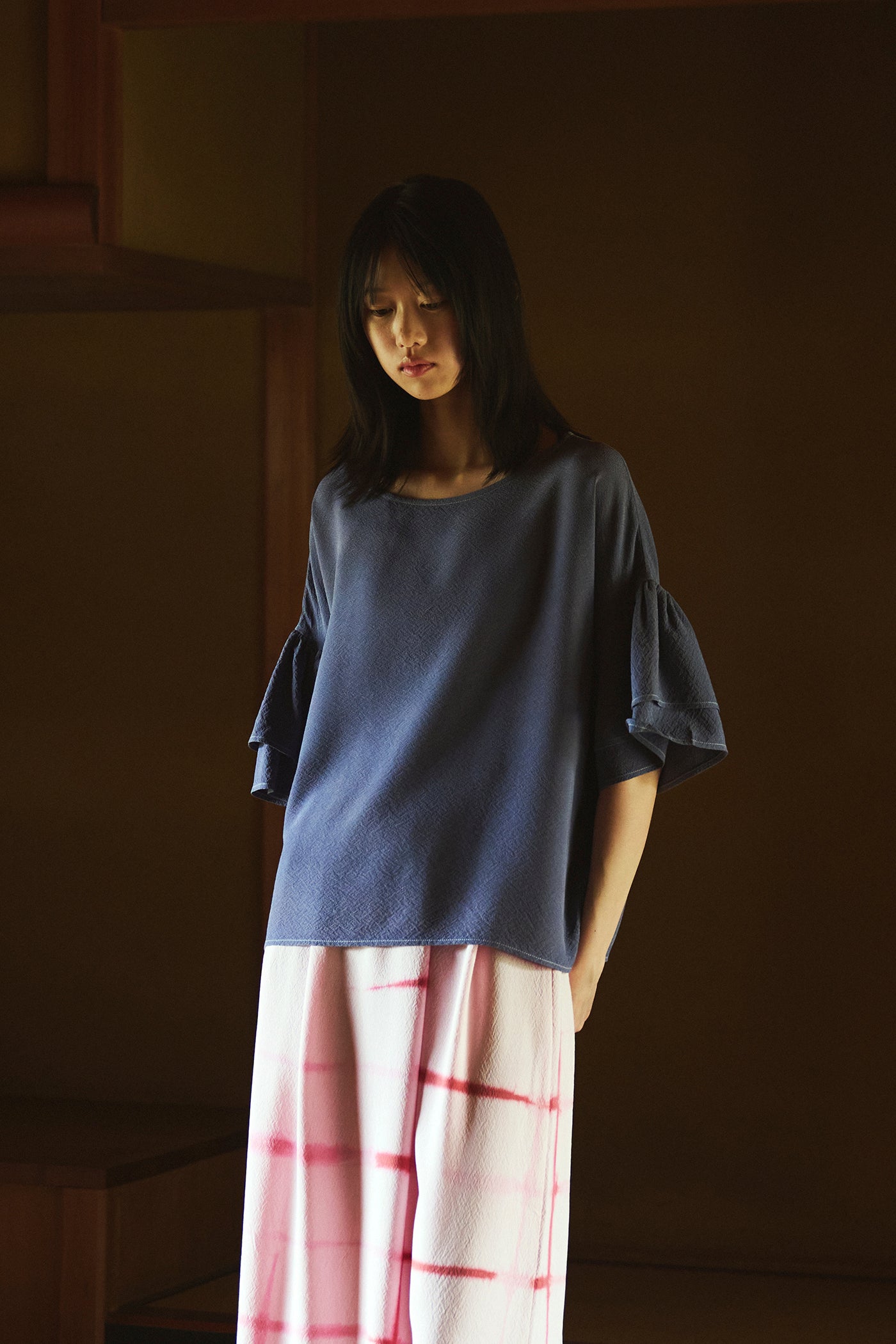 Logwood-Dyed Silk Frill-Sleeve Top