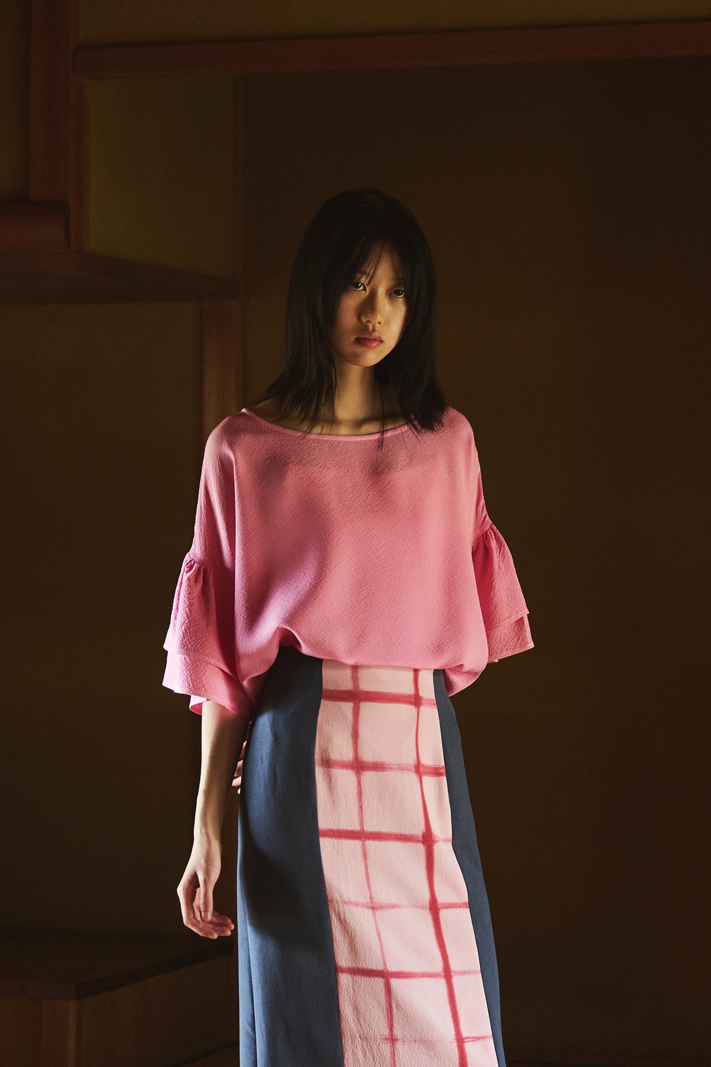 Cochineal-Dyed Silk Frill-Sleeve Top