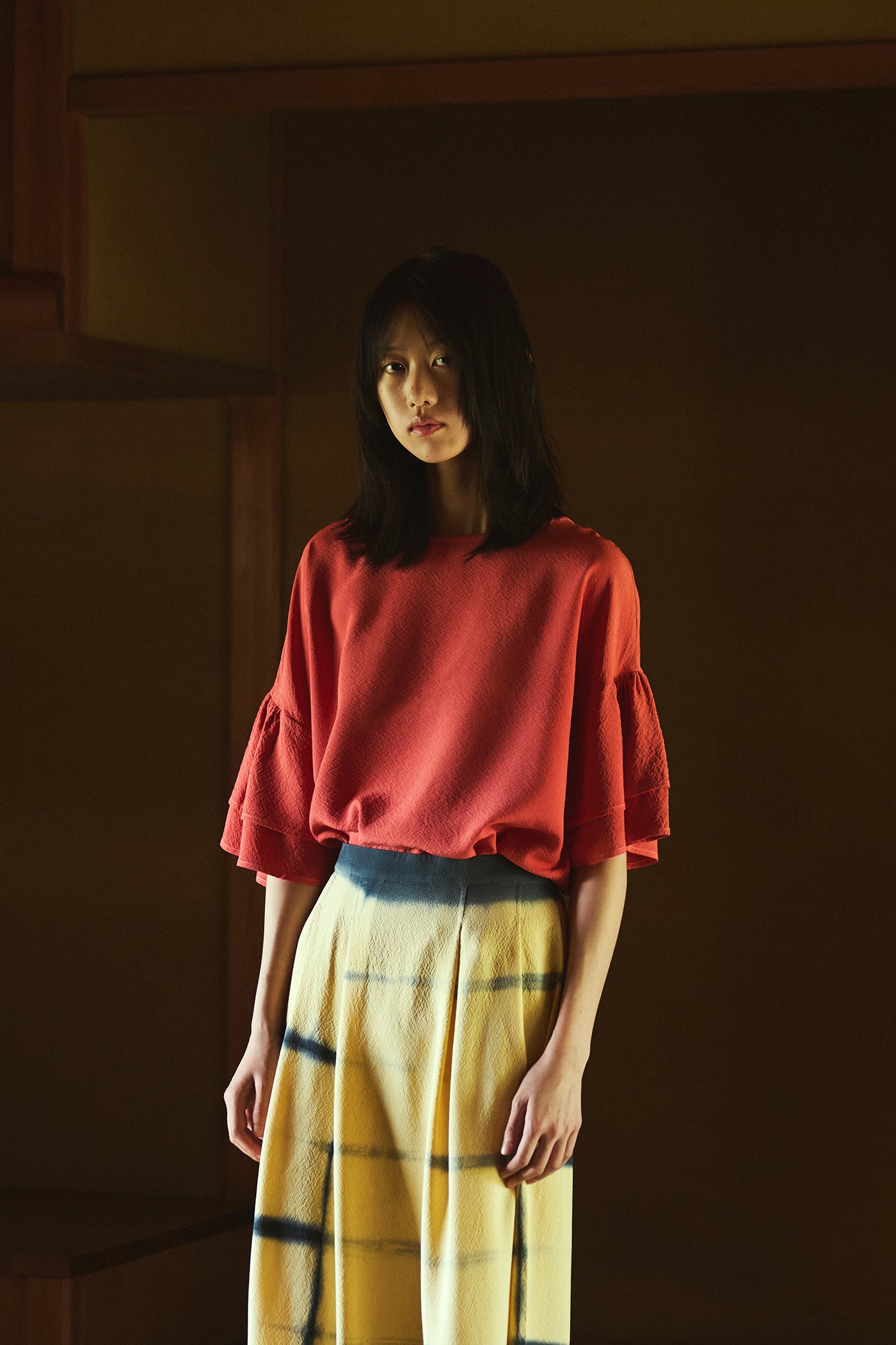 Madder-Dyed Silk Frill-Sleeve Top