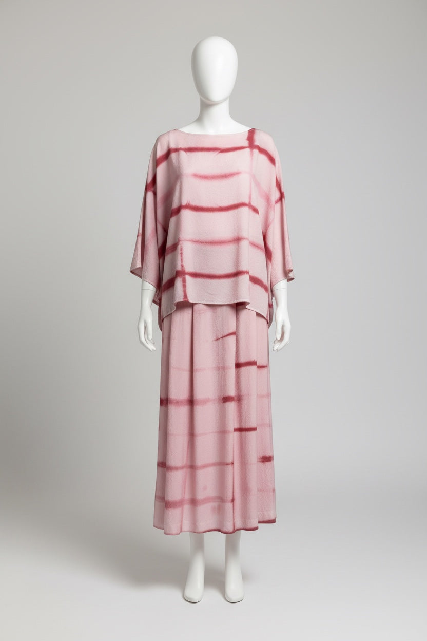 Natural-Dyed Itajime Shibori Silk Long Skirt PINK