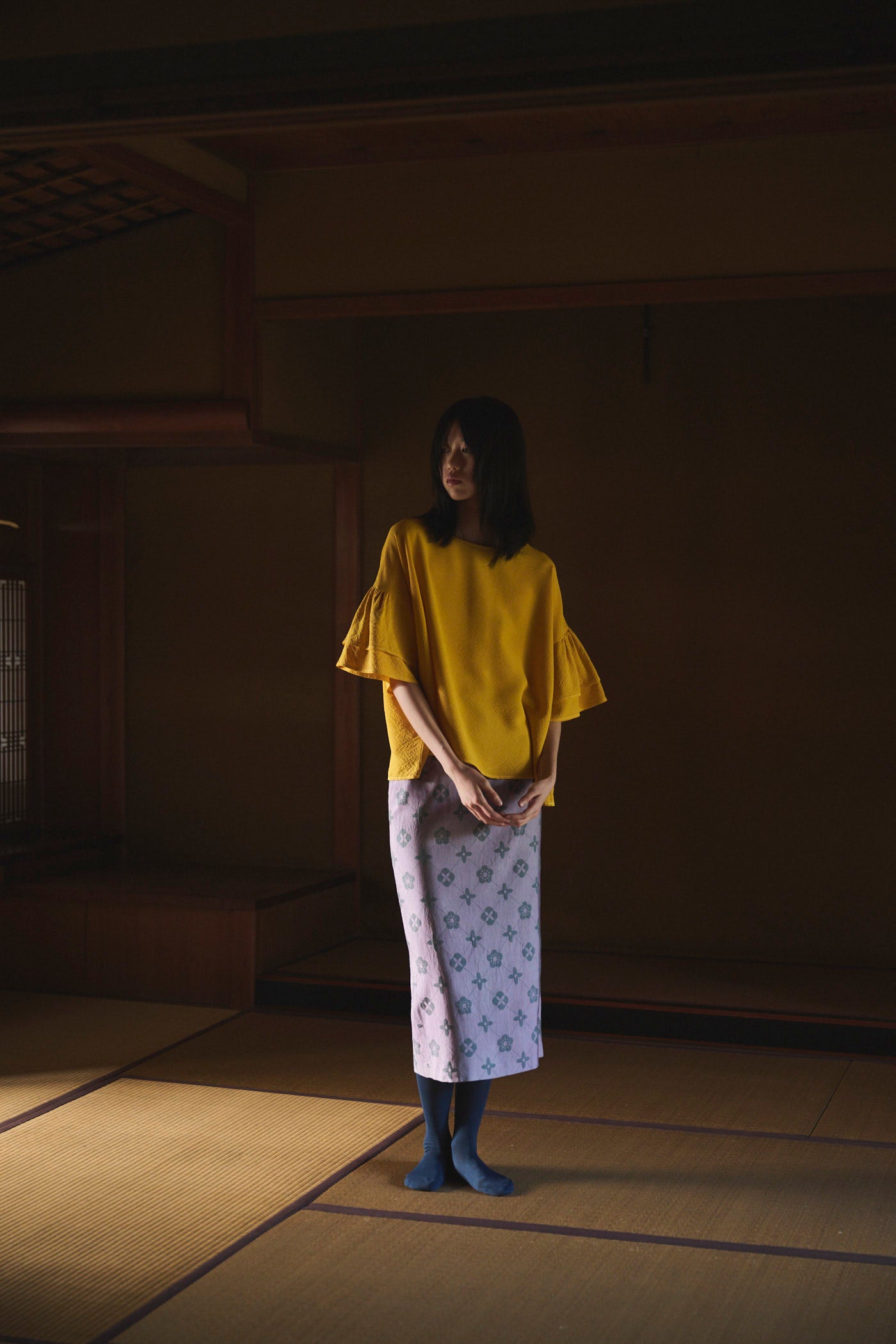 Marigold-Dyed Silk Frill-Sleeve Top