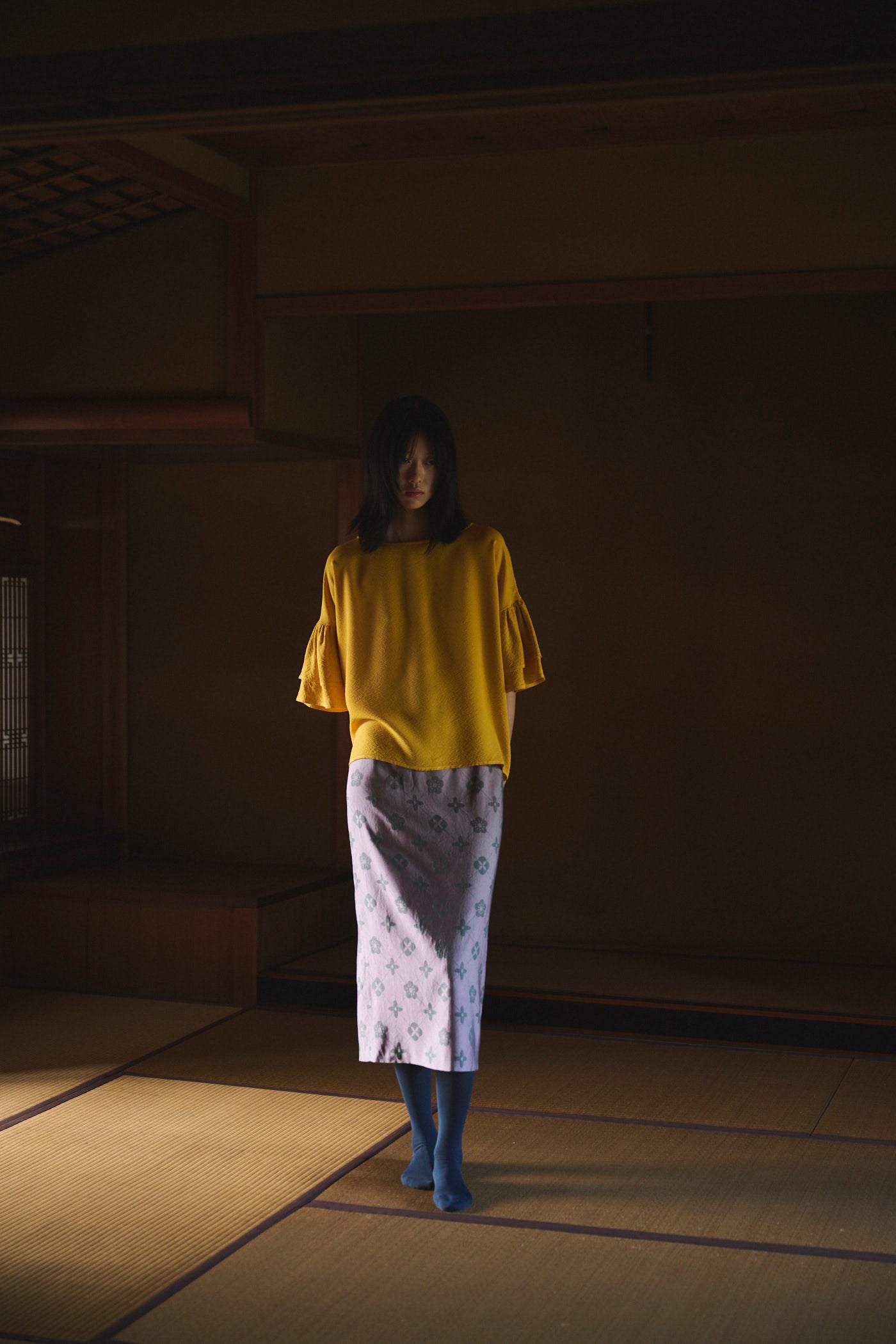 Marigold-Dyed Silk Frill-Sleeve Top