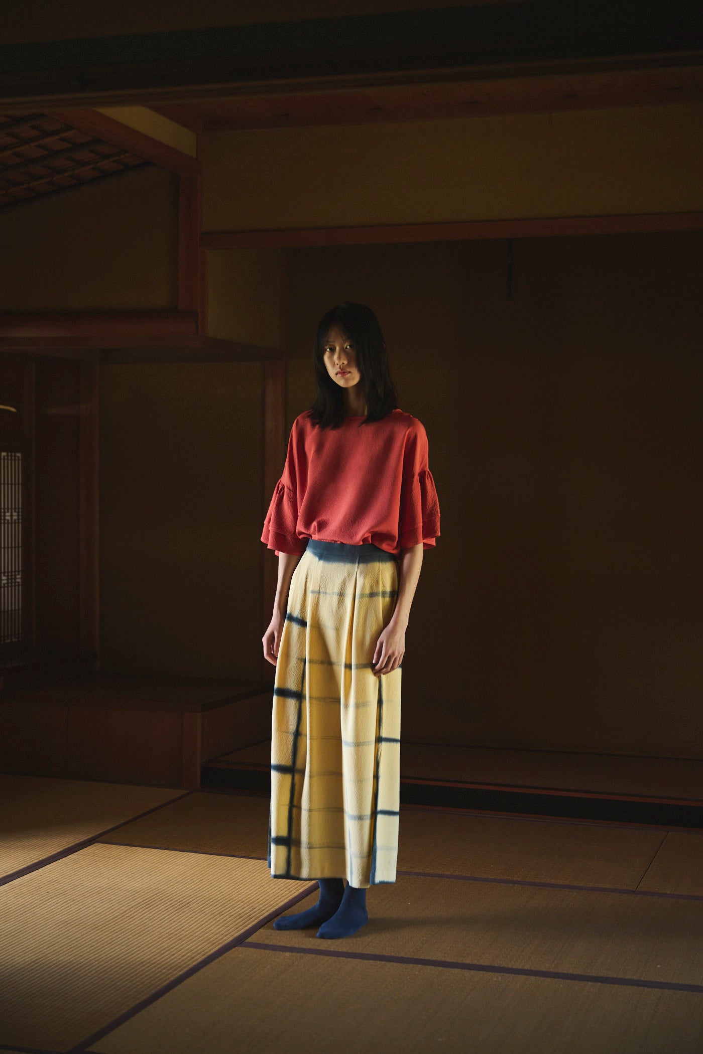 Madder-Dyed Silk Frill-Sleeve Top