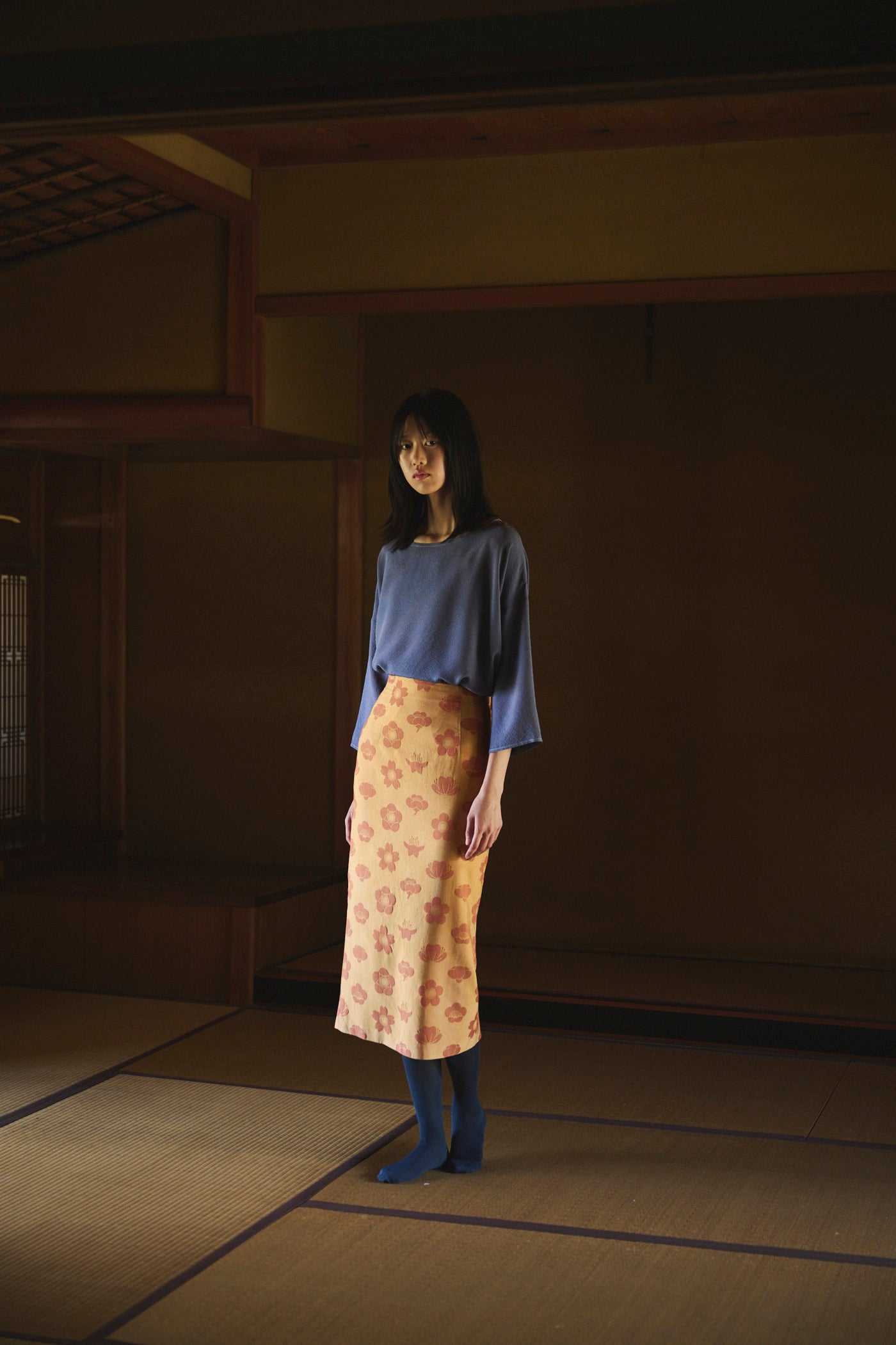 Logwood-Dyed Silk Three-Quarter Sleeve Top