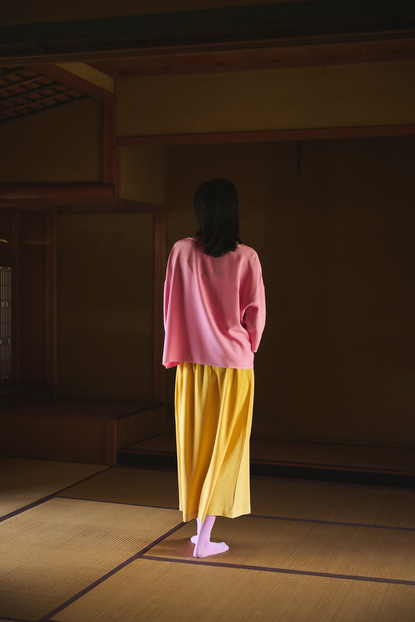 Cochineal-Dyed Silk Three-Quarter Sleeve Top