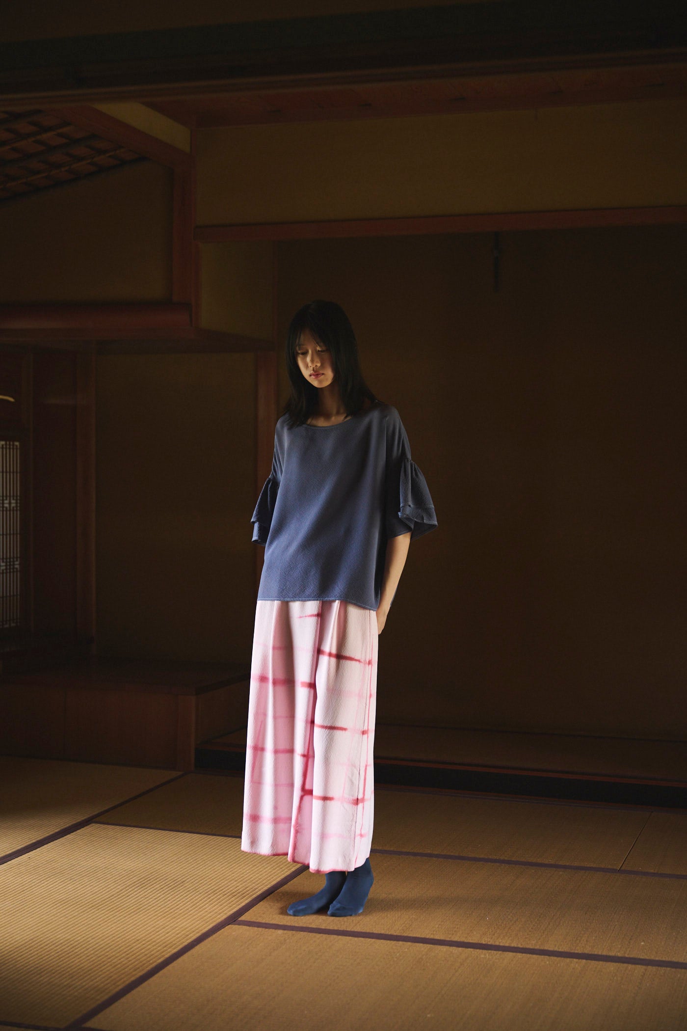 Logwood-Dyed Silk Frill-Sleeve Top