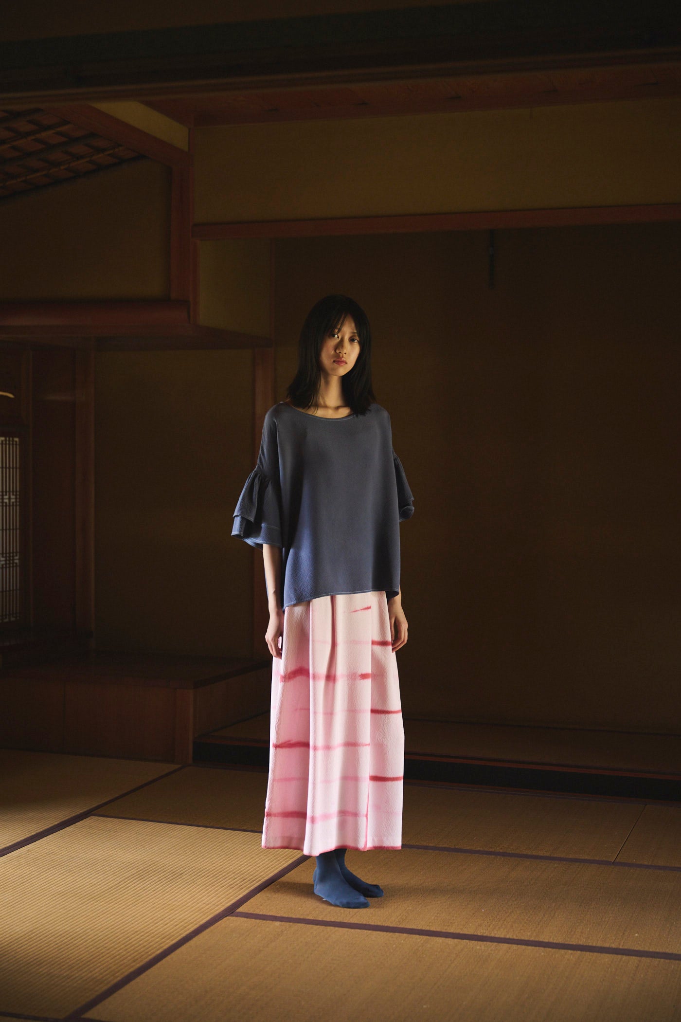 Logwood-Dyed Silk Frill-Sleeve Top