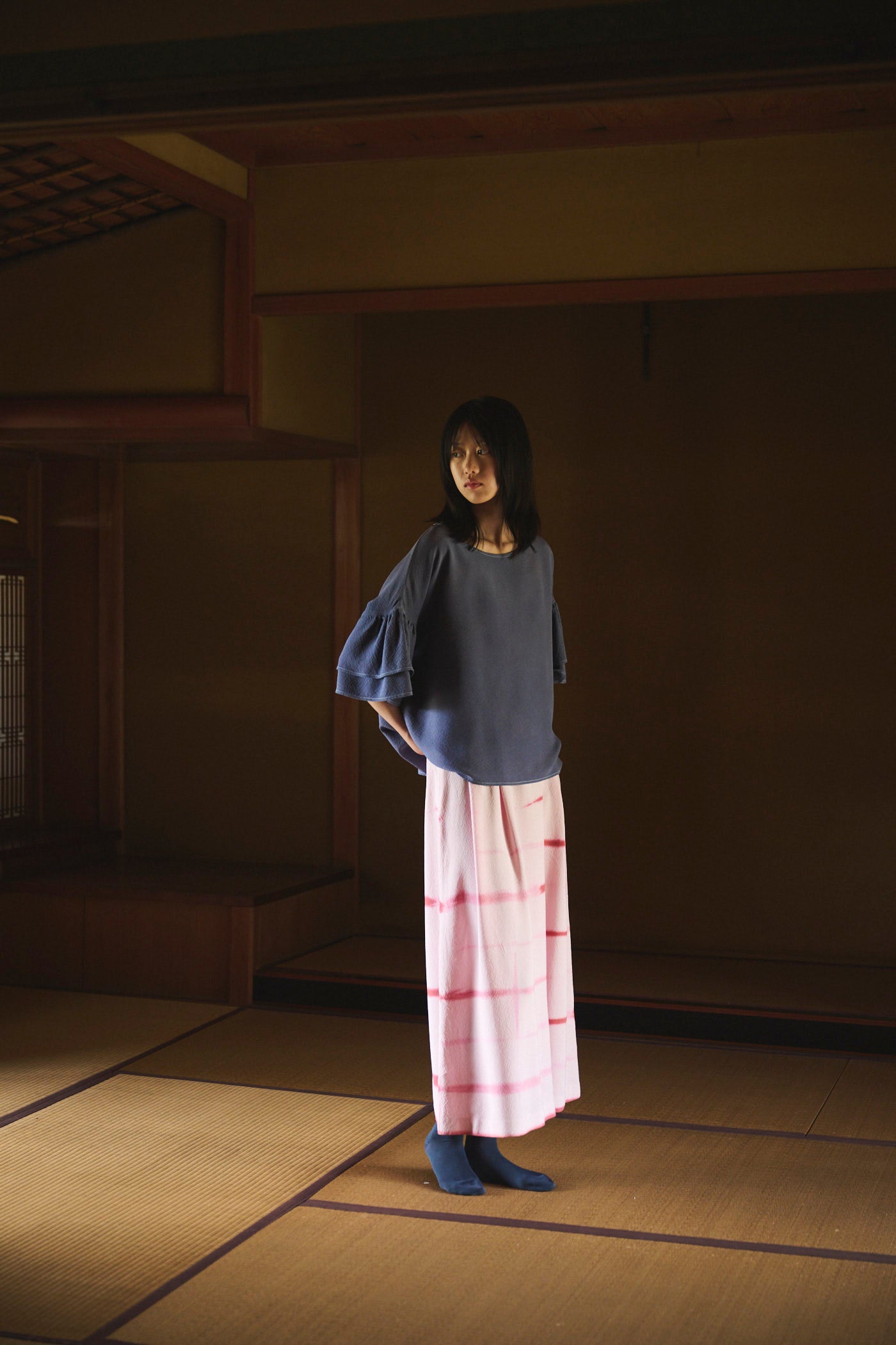 Logwood-Dyed Silk Frill-Sleeve Top