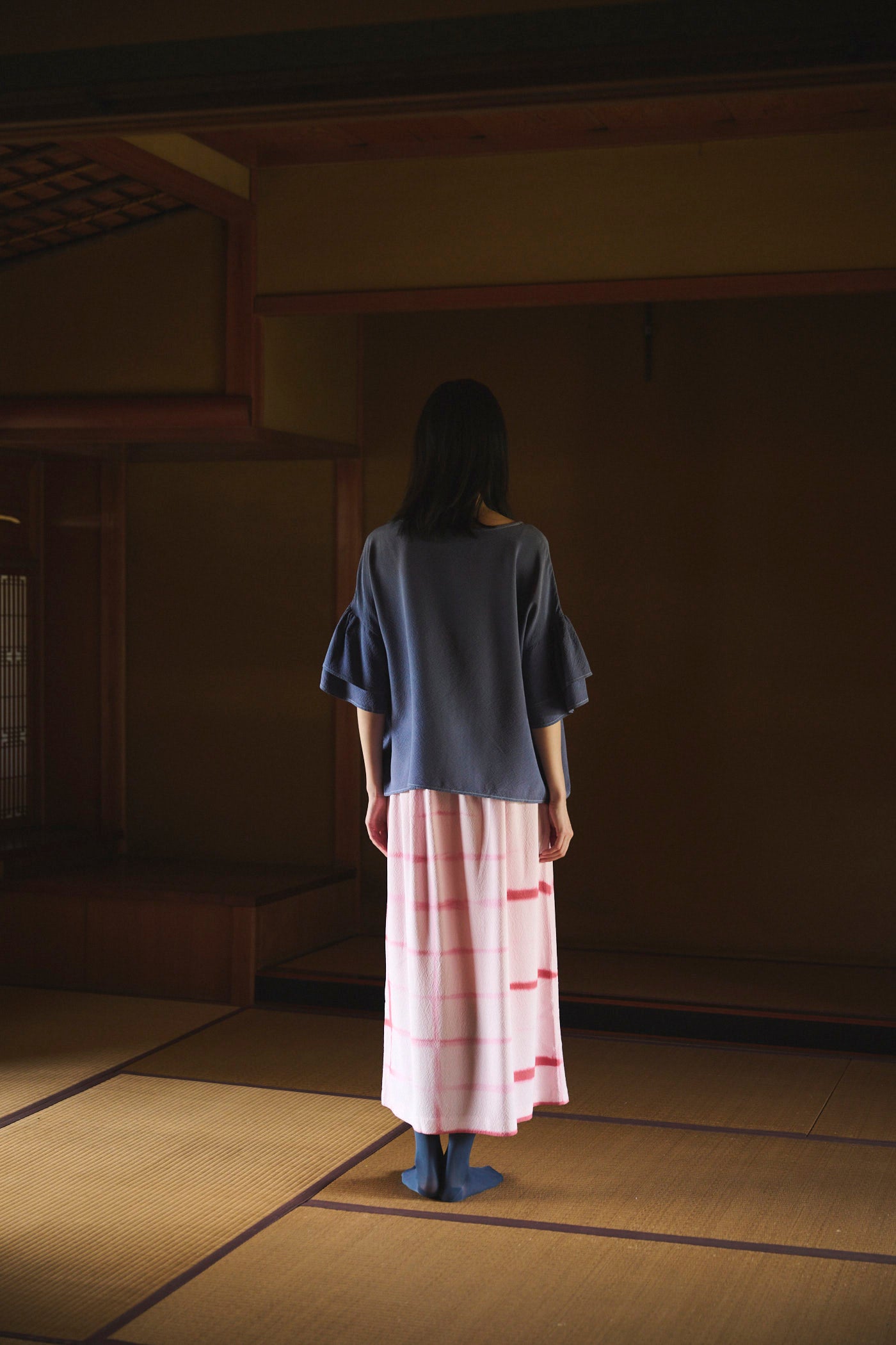 Logwood-Dyed Silk Frill-Sleeve Top