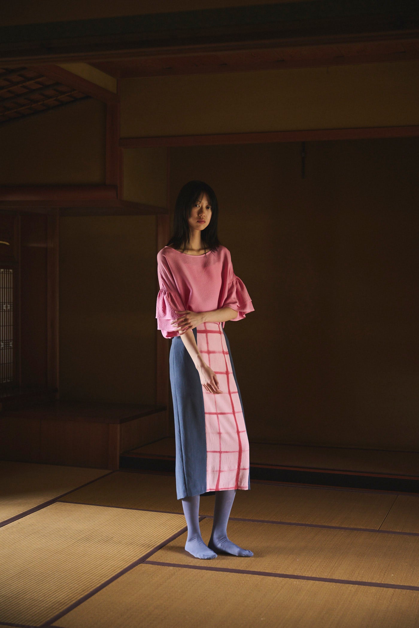Cochineal-Dyed Silk Frill-Sleeve Top
