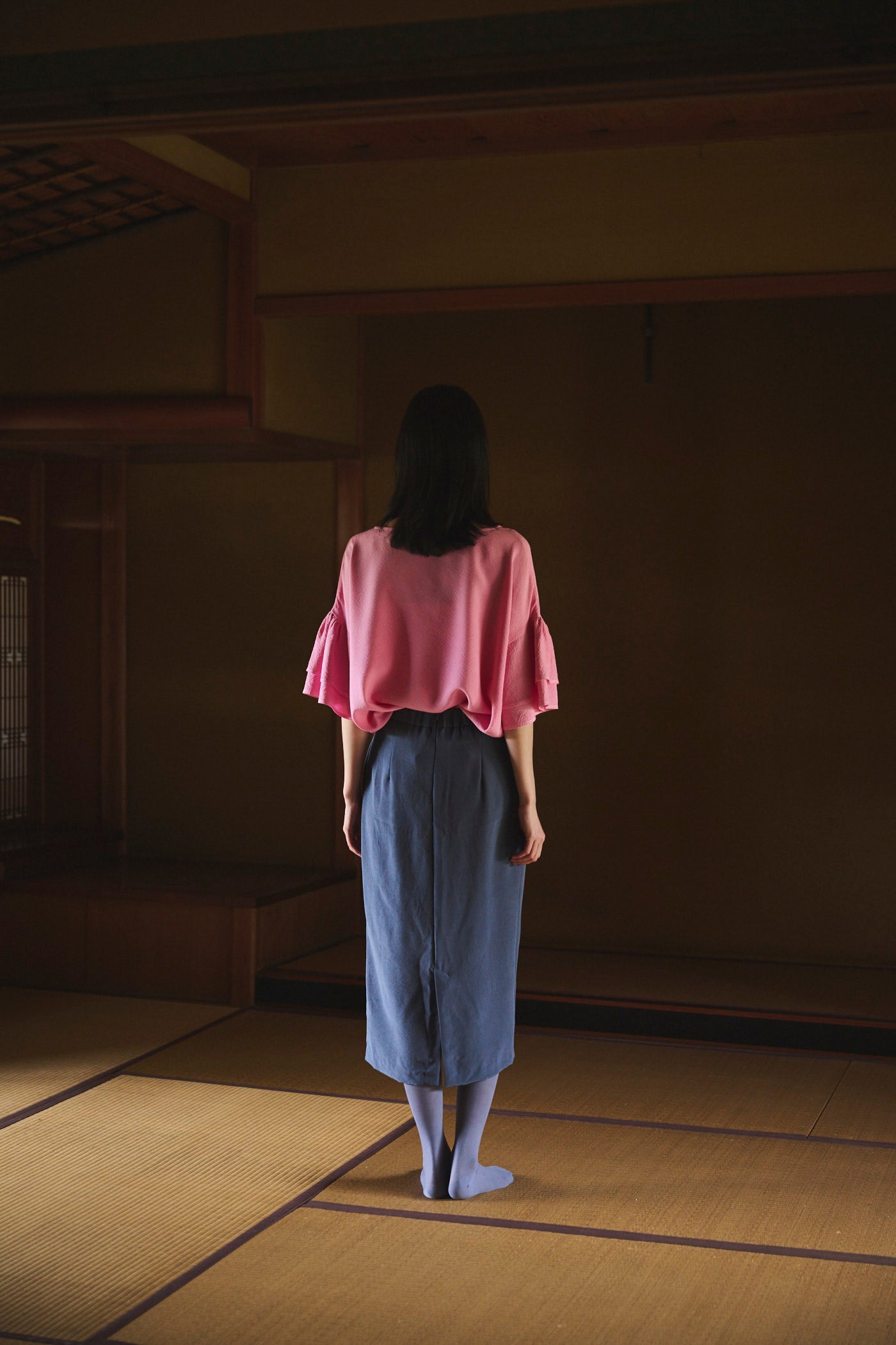 Cochineal-Dyed Silk Frill-Sleeve Top