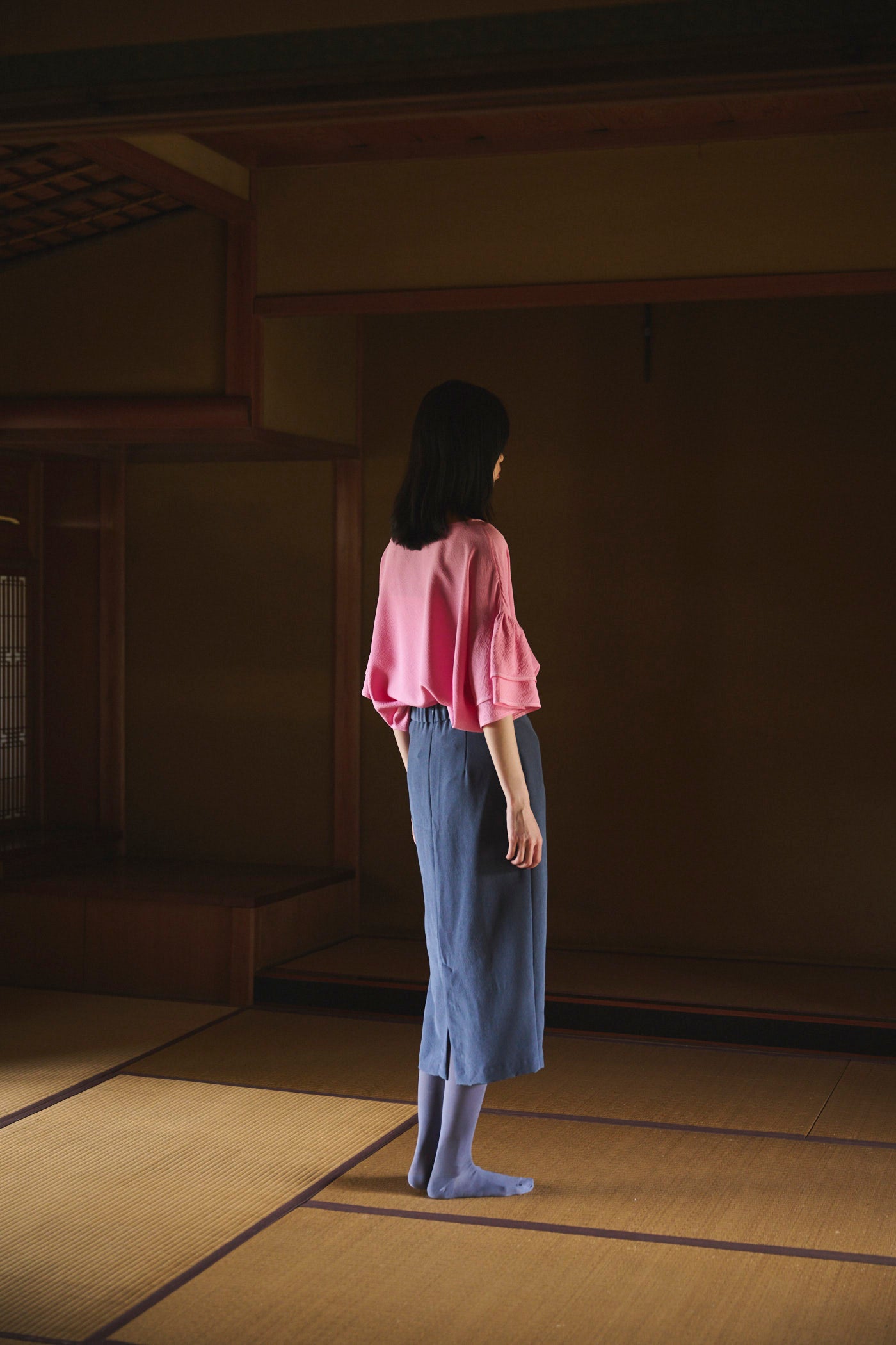 Cochineal-Dyed Silk Frill-Sleeve Top
