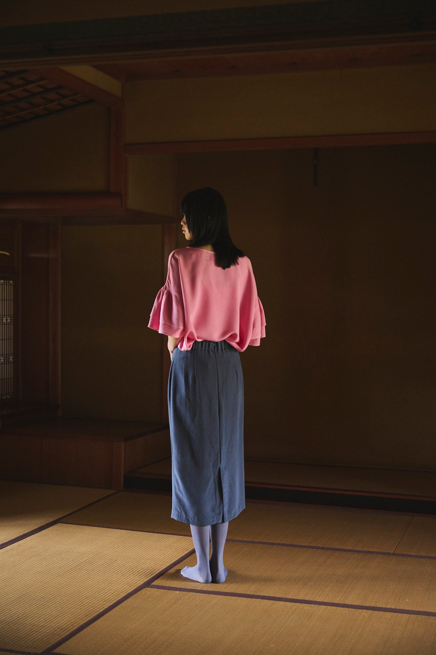 Cochineal-Dyed Silk Frill-Sleeve Top