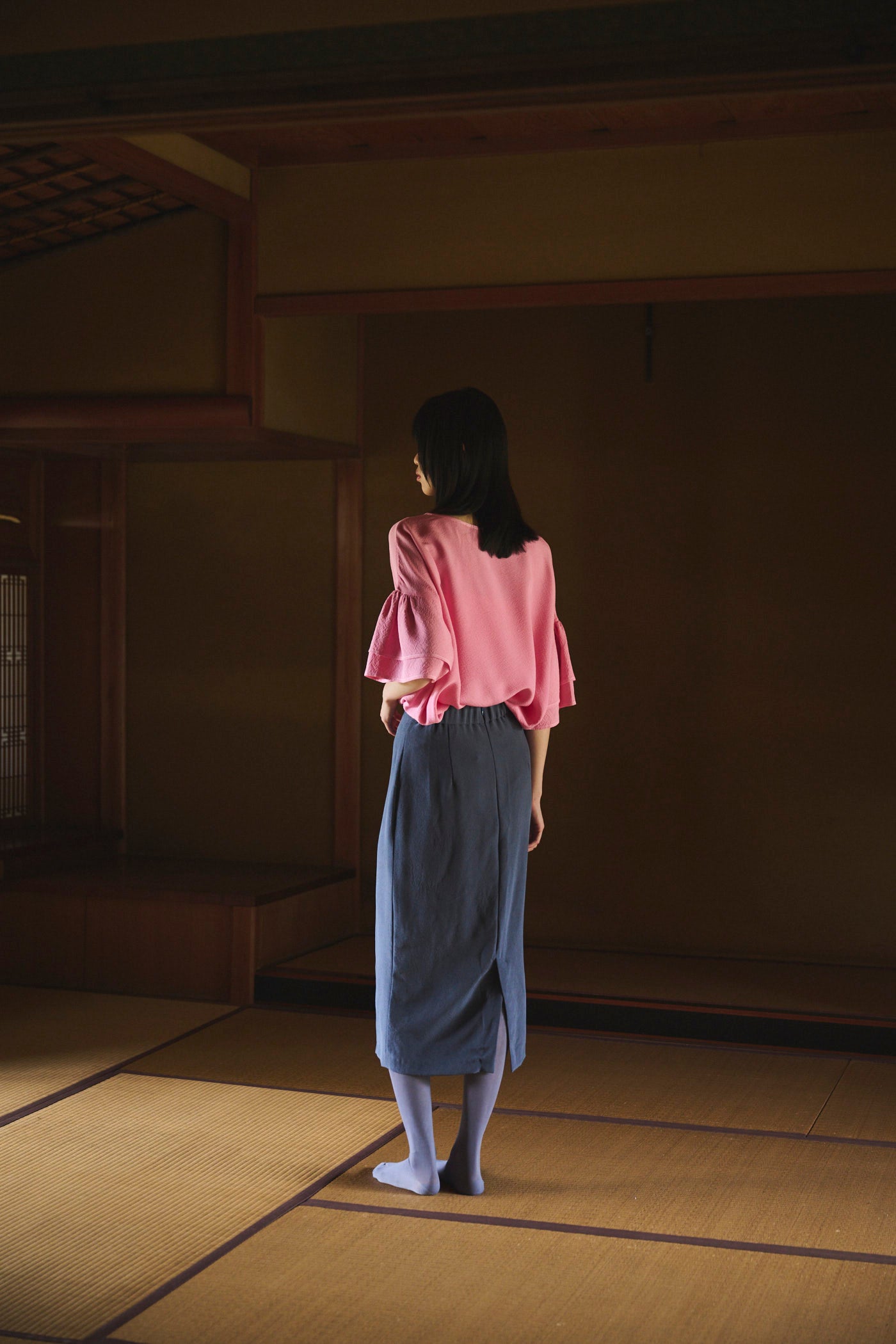 Cochineal-Dyed Silk Frill-Sleeve Top