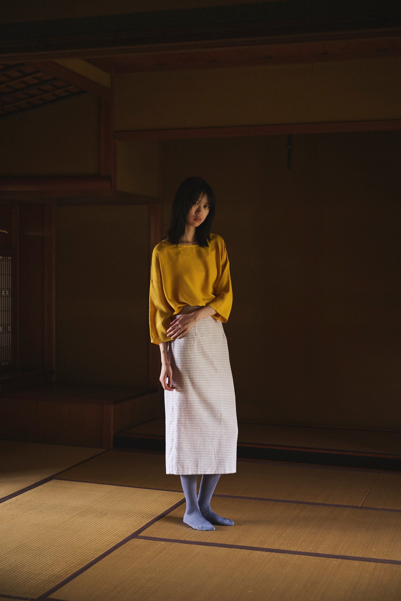 Marigold-Dyed Silk Three-Quarter Sleeve Top