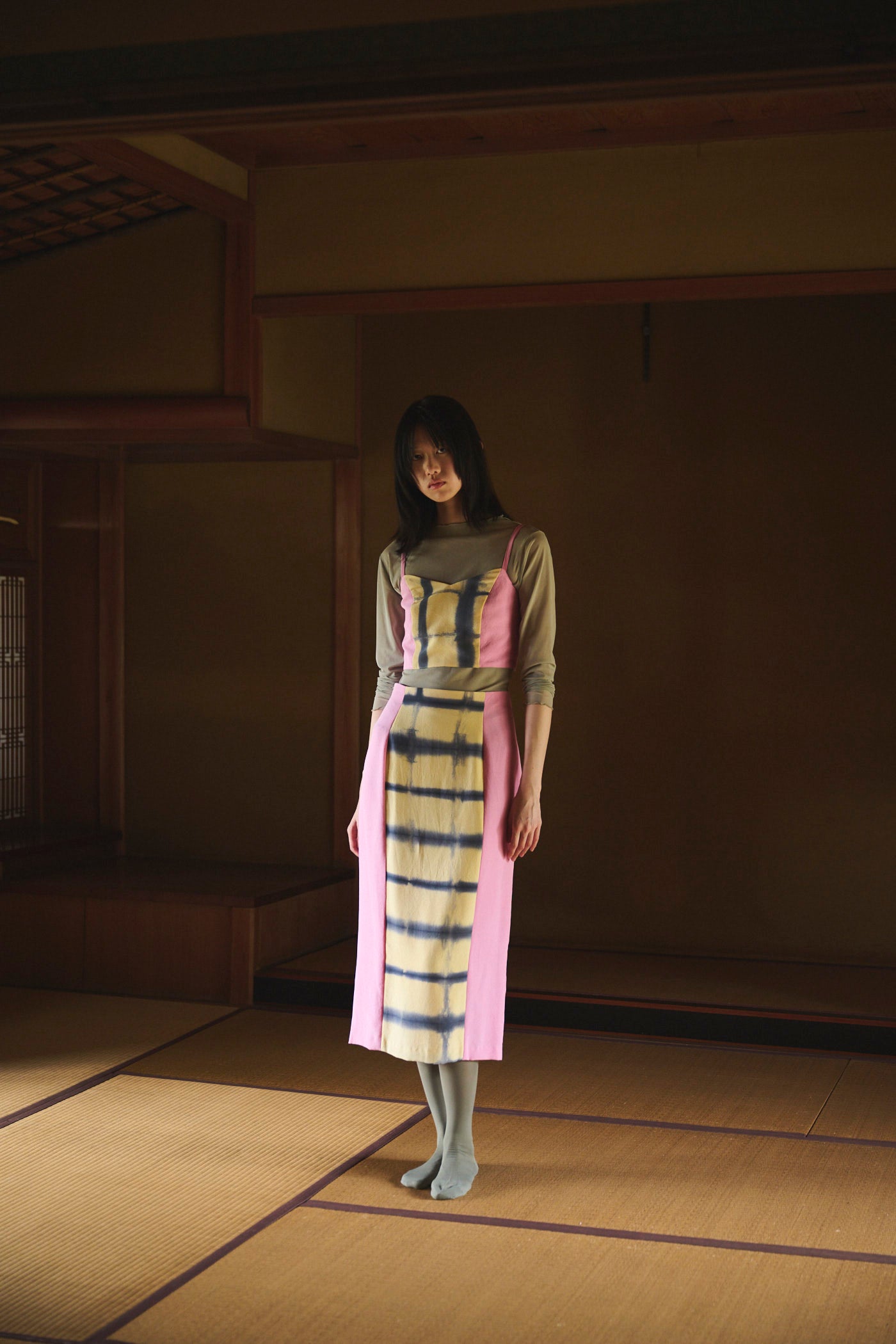 Natural-Dyed "Itajime Shibori" Silk Skirt YELLOW
