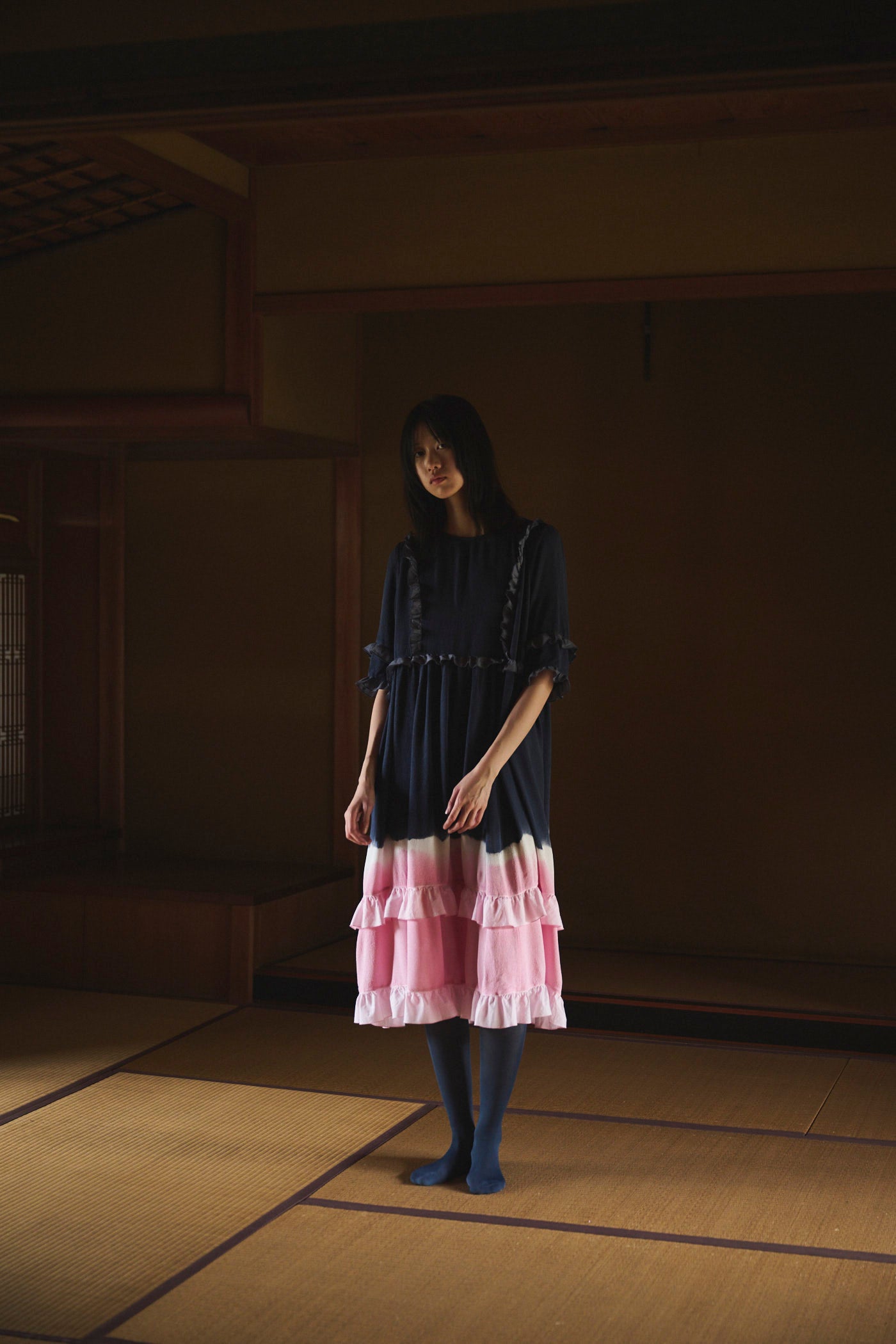 Gradient Natural-Dyed Silk Frill Dress NAVY
