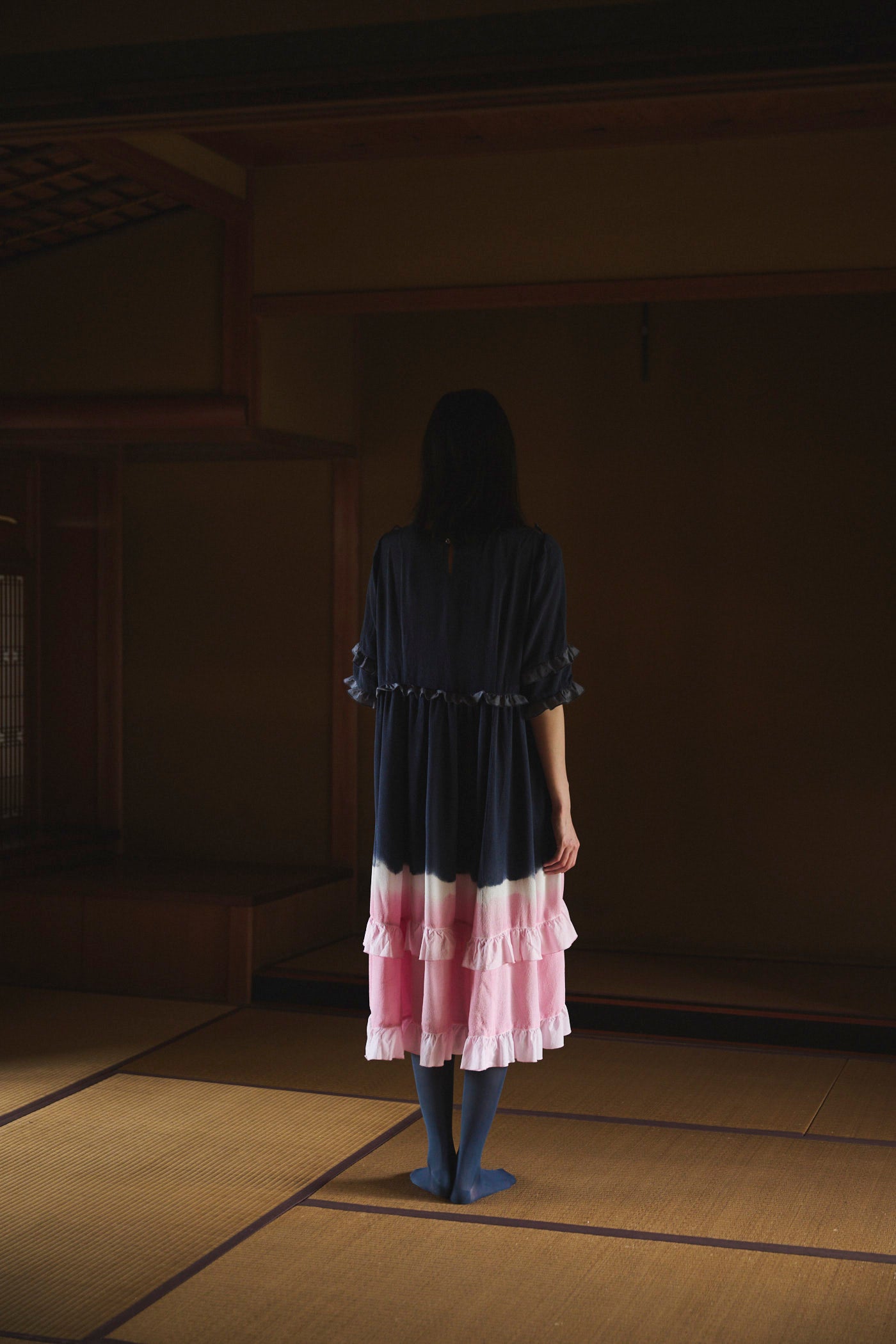 Gradient Natural-Dyed Silk Frill Dress NAVY