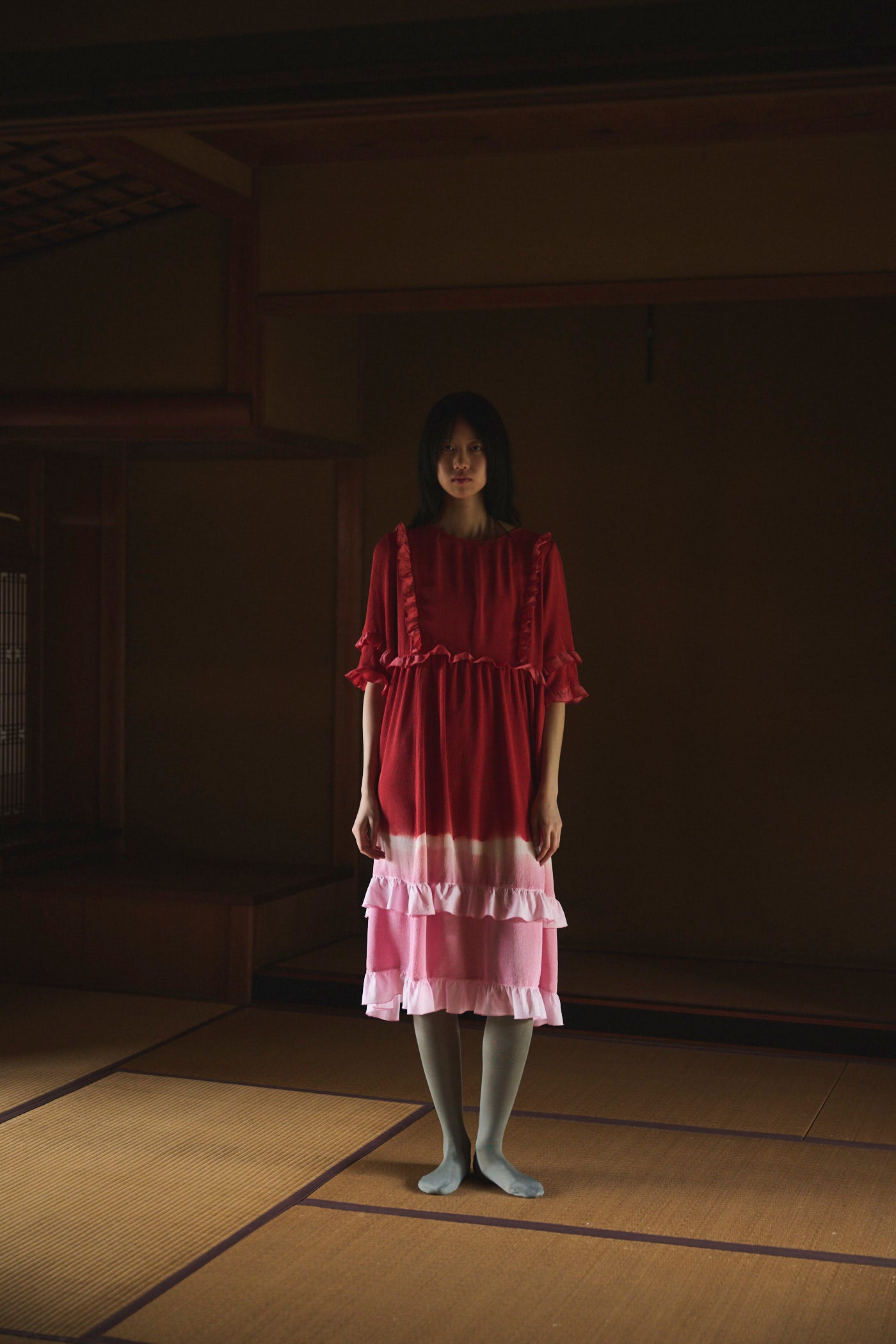 Gradient Botanical-Dyed Silk Frill Dress  RED