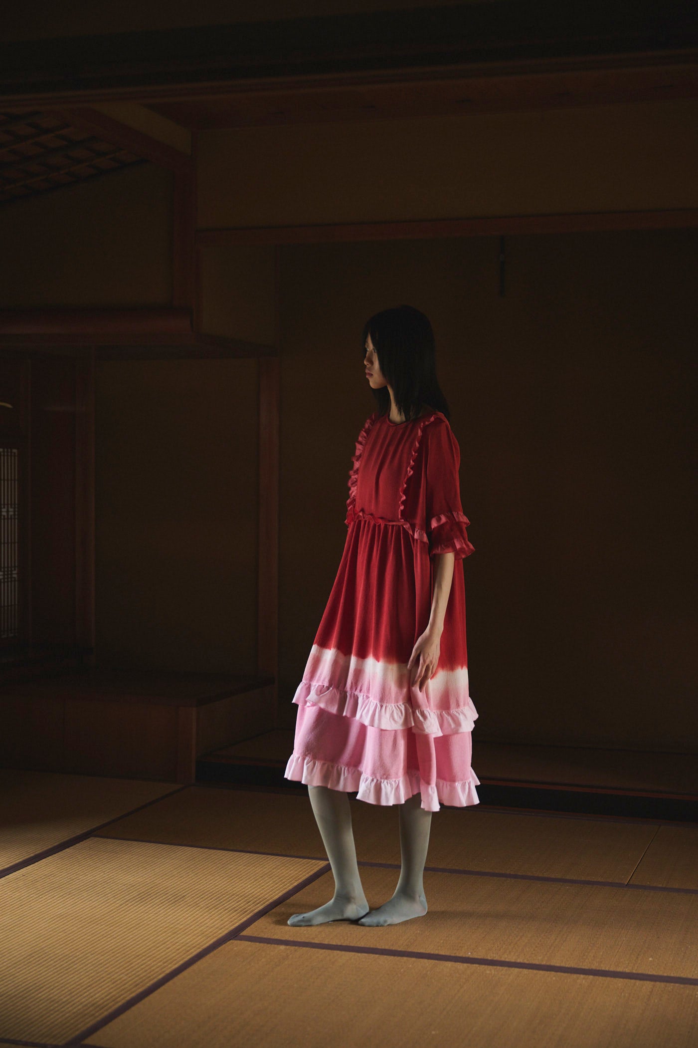 Gradient Botanical-Dyed Silk Frill Dress  RED