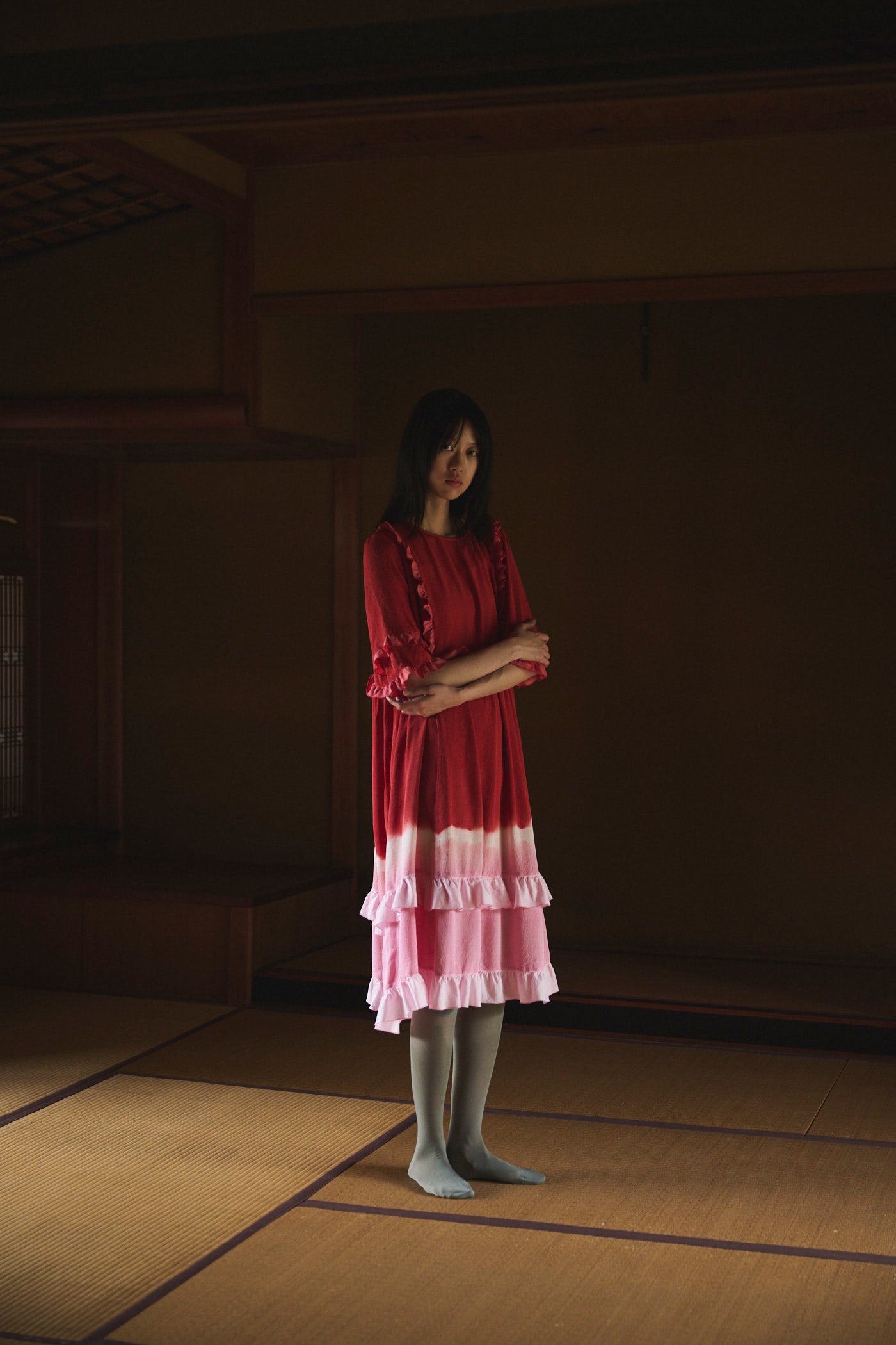 Gradient Botanical-Dyed Silk Frill Dress  RED
