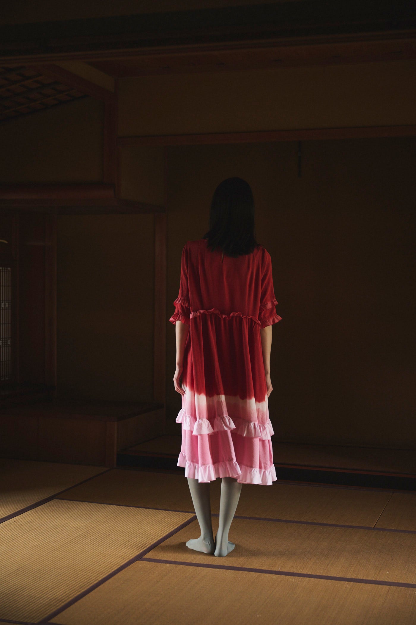 Gradient Botanical-Dyed Silk Frill Dress  RED
