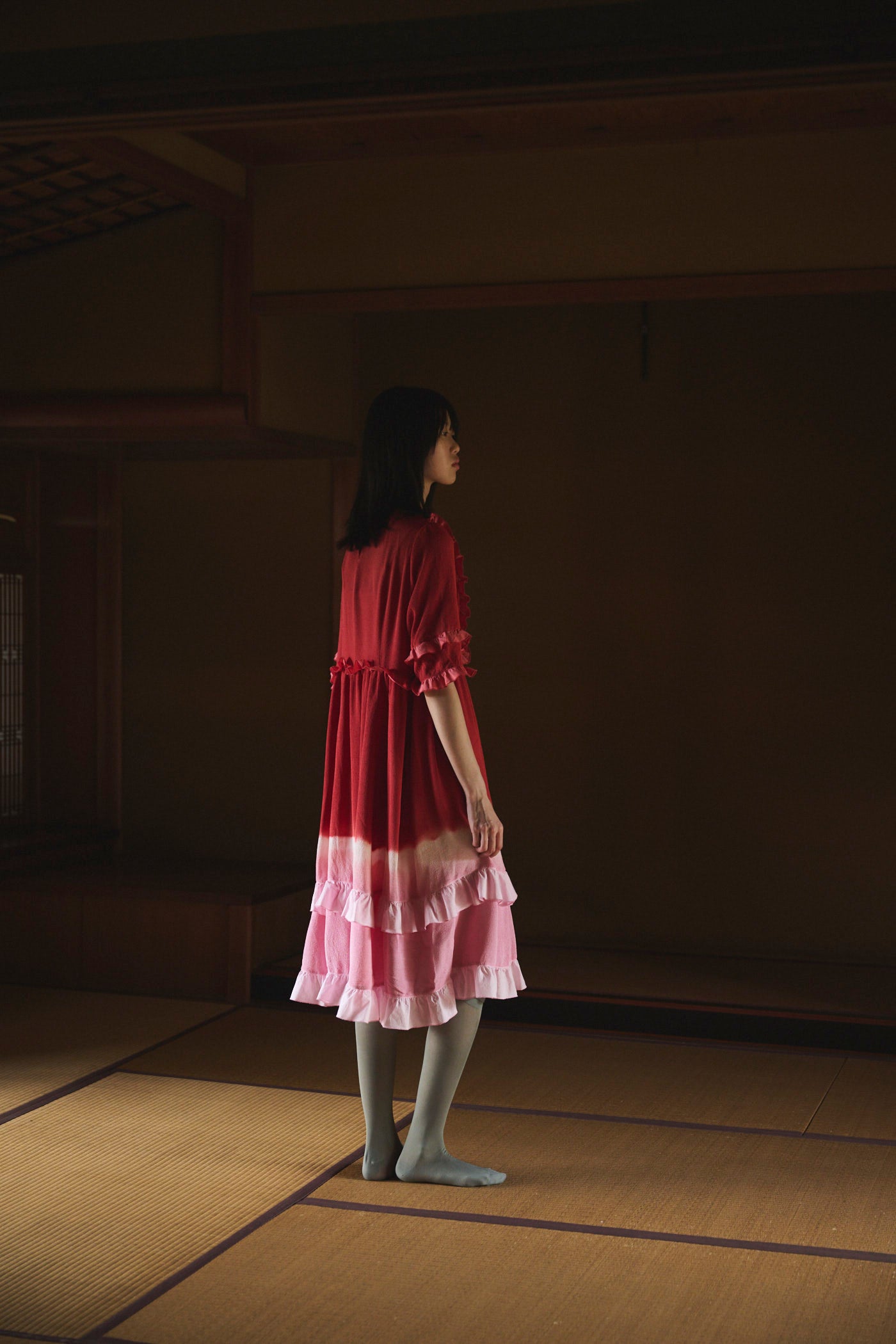 Gradient Botanical-Dyed Silk Frill Dress  RED