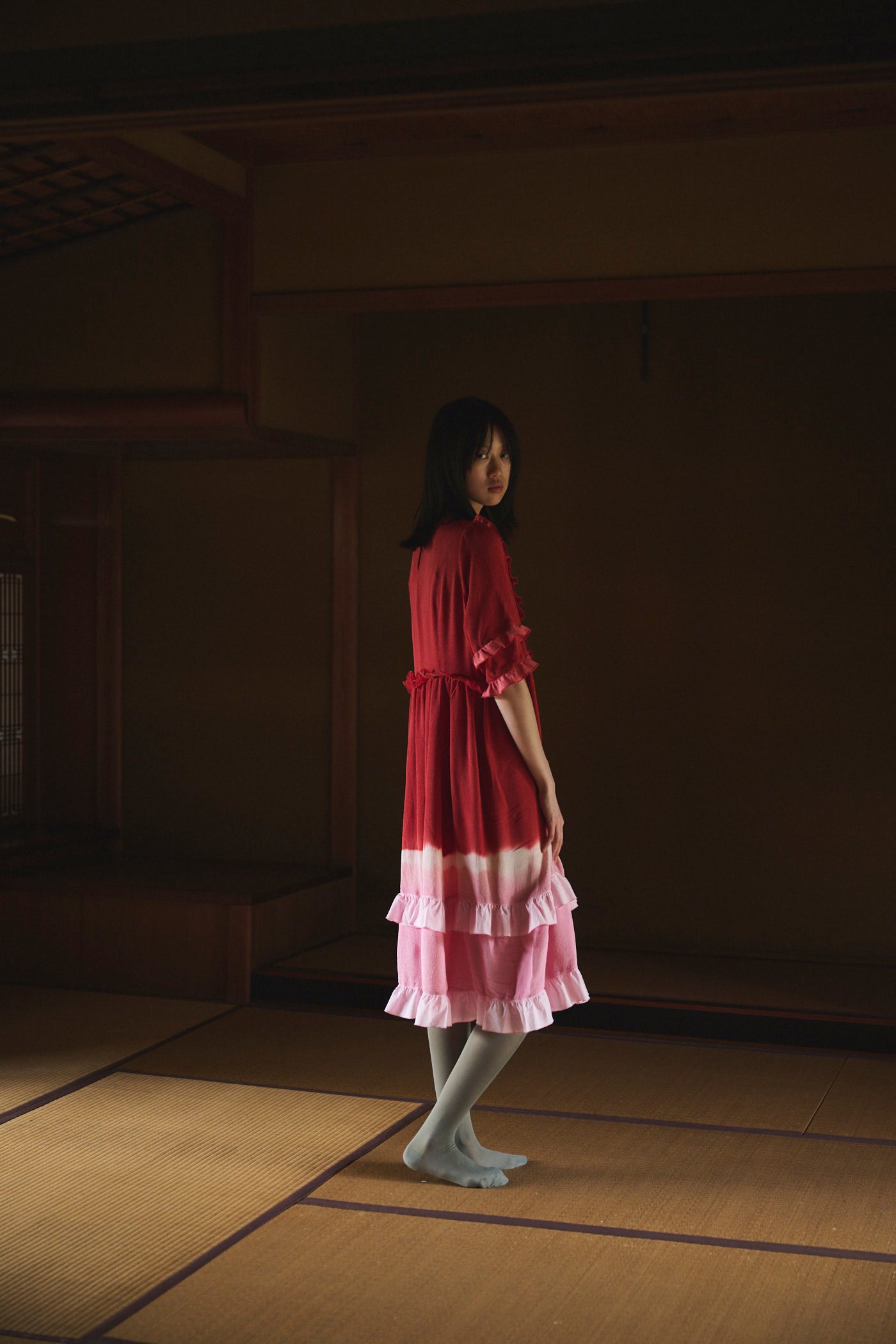 Gradient Botanical-Dyed Silk Frill Dress  RED