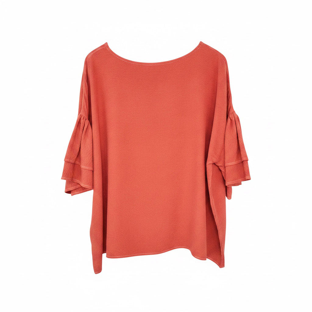 Madder-Dyed Silk Frill-Sleeve Top